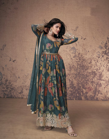 Teal Green Floral Embroidered Georgette Anarkali Suit with Net Dupatta