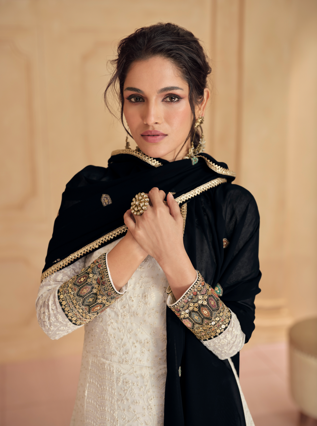 Off-White Anarkali Suit with Black Embroidered Dupatta