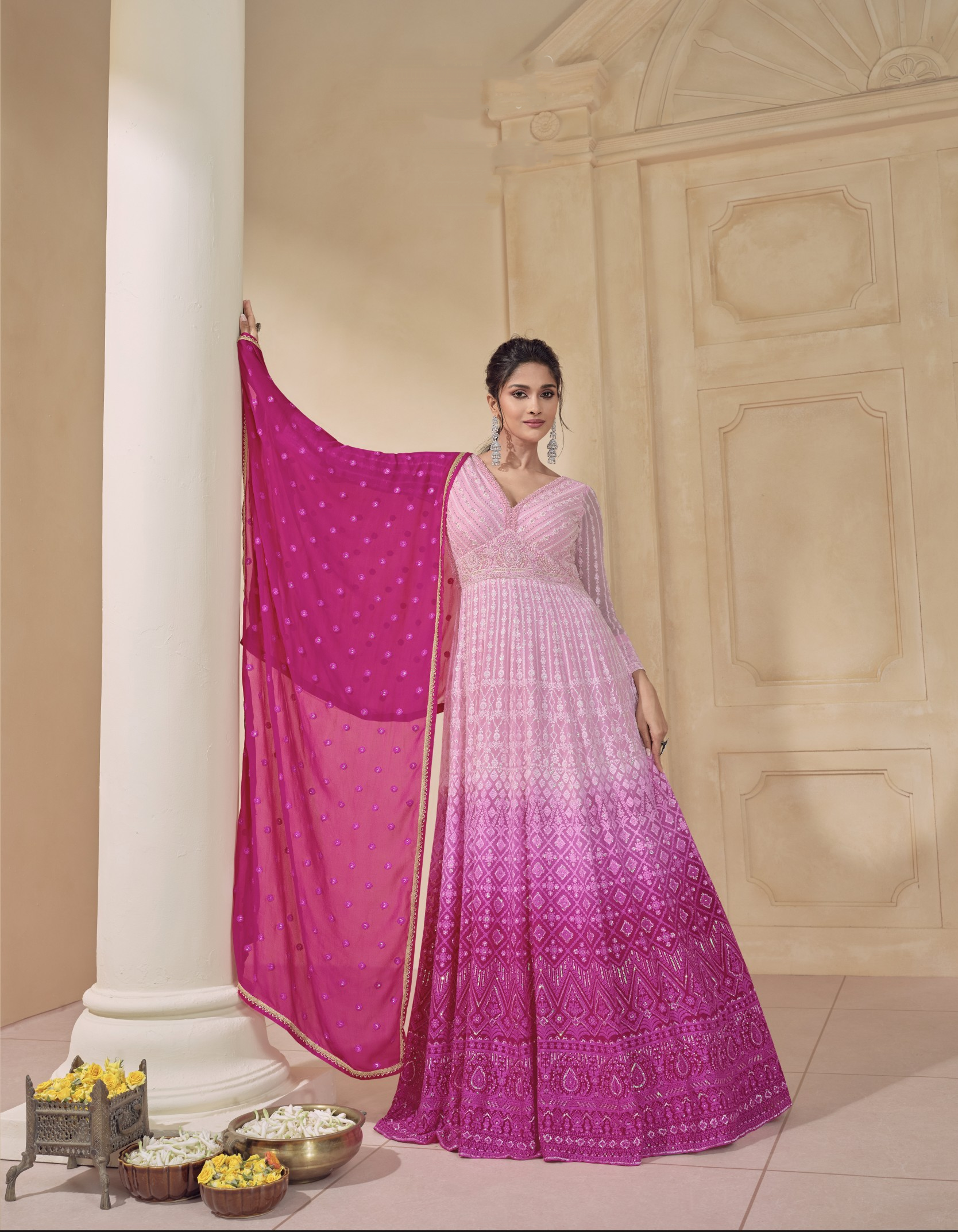 Pink Ombre Anarkali Suit with Embroidered Dupatta