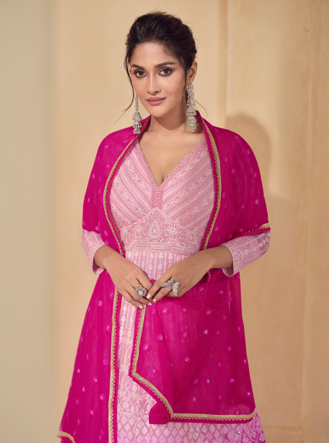 Pink Ombre Anarkali Suit with Embroidered Dupatta