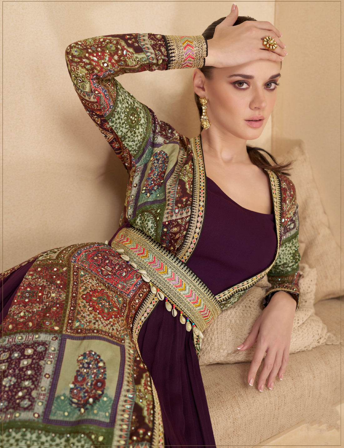 Purple Anarkali Suit with Multicolor Shrug & Hand-Embellished Work