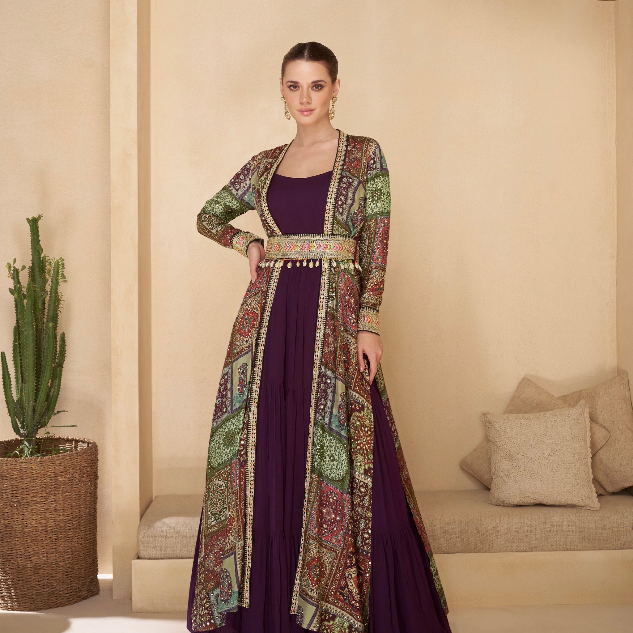 Purple Anarkali Suit with Multicolor Shrug & Hand-Embellished Work