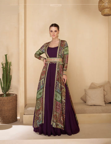 Purple Anarkali Suit with Multicolor Shrug & Hand-Embellished Work