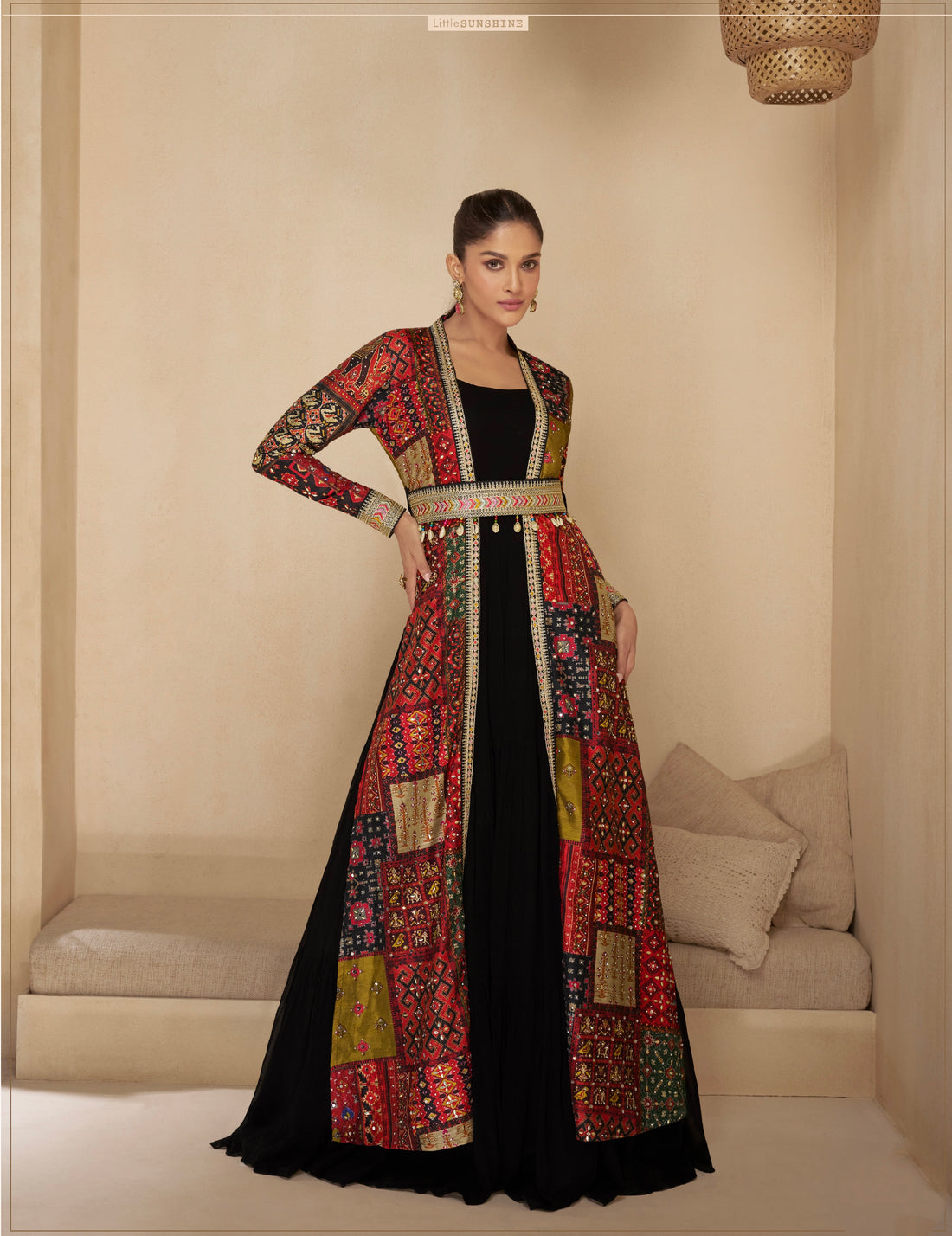 Black Anarkali Suit with Red Multicolor Shrug & Hand-Embellished Work