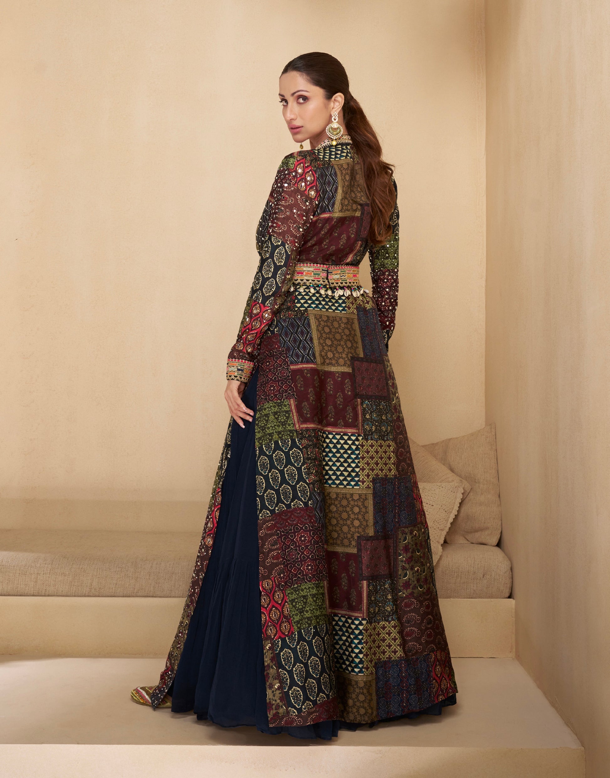 Navy Blue Anarkali Suit with Multicolor Shrug & Hand-Embellished Work