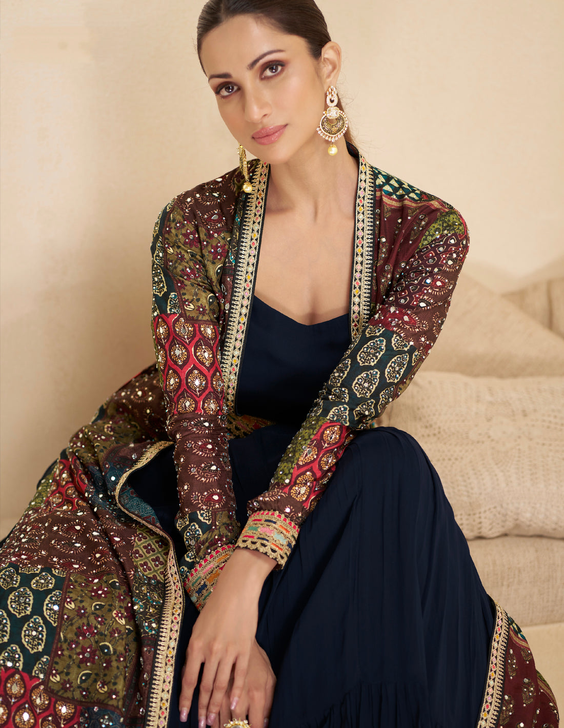 Navy Blue Anarkali Suit with Multicolor Shrug & Hand-Embellished Work