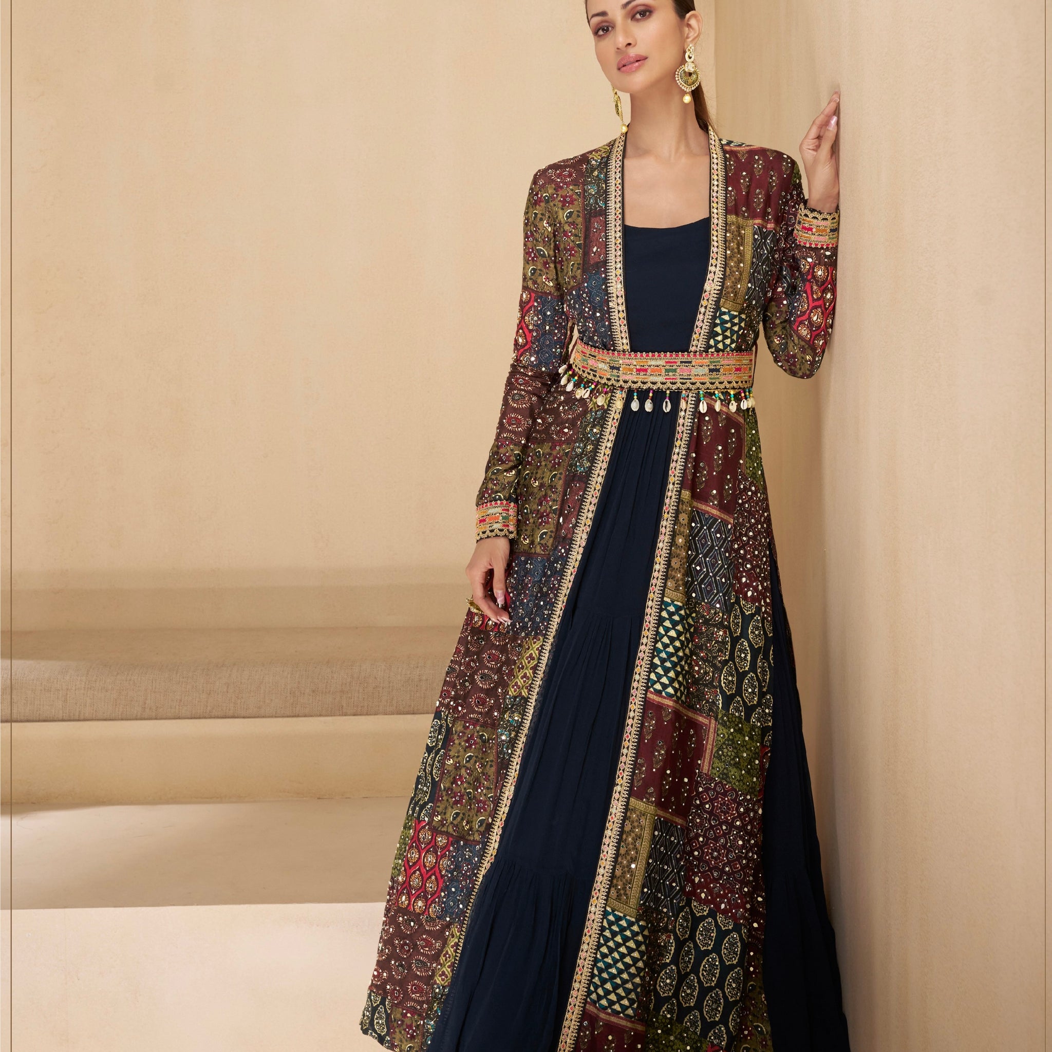 Navy Blue Anarkali Suit with Multicolor Shrug & Hand-Embellished Work