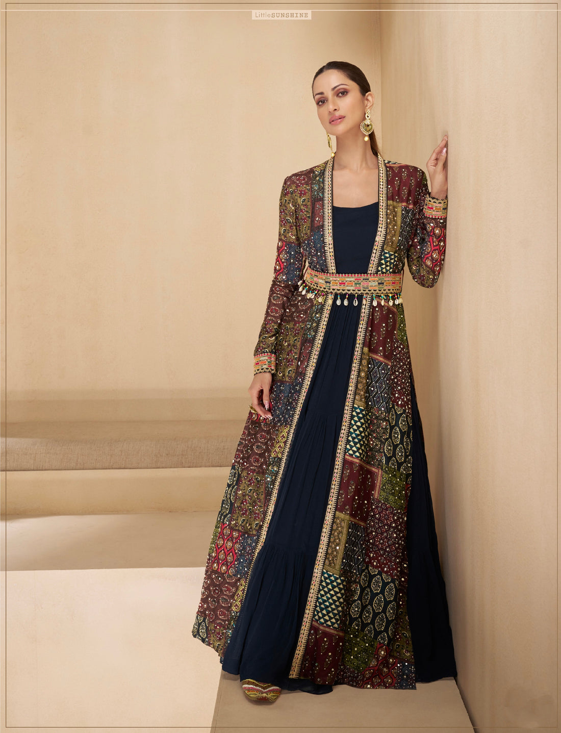 Navy Blue Anarkali Suit with Multicolor Shrug & Hand-Embellished Work