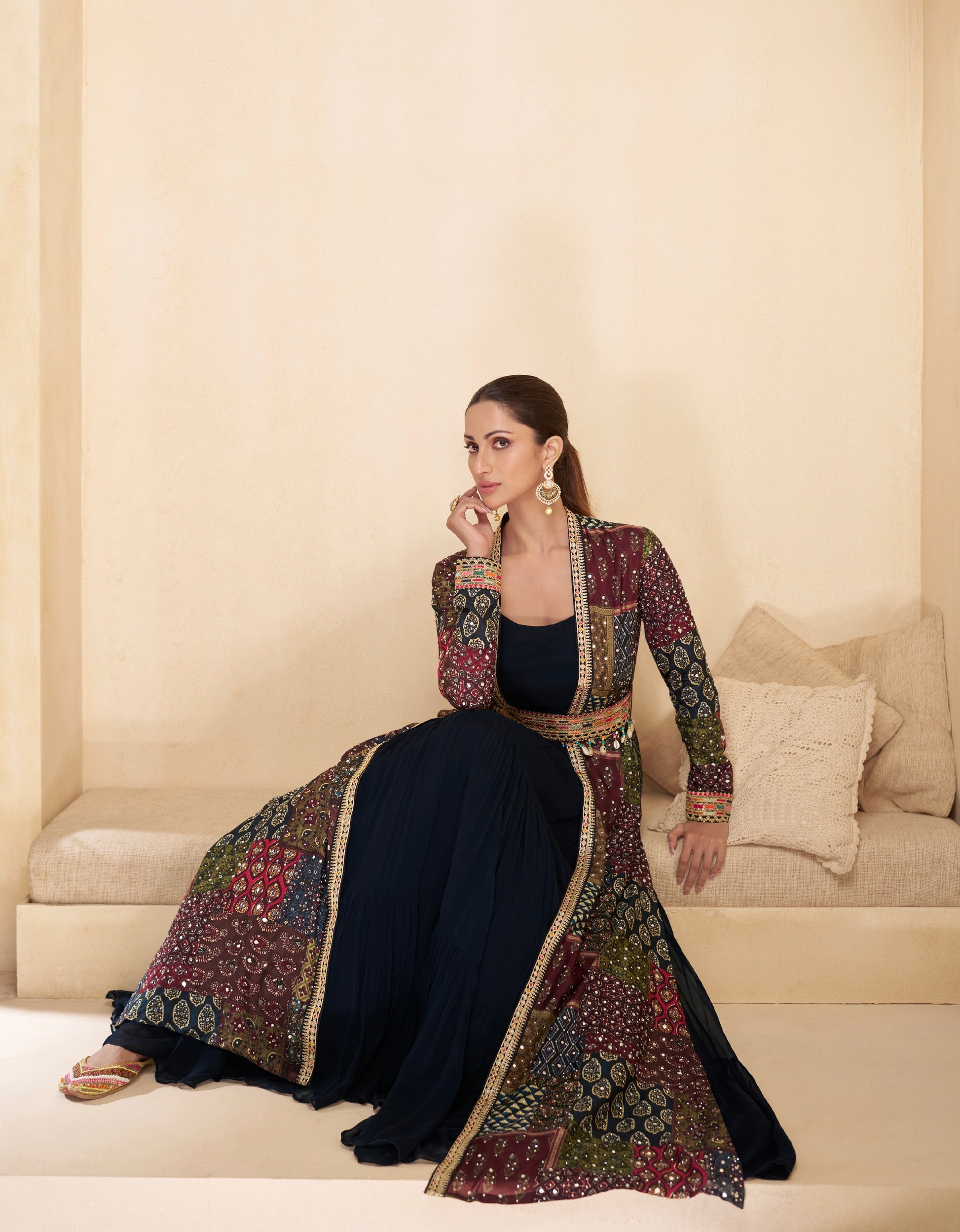 Navy Blue Anarkali Suit with Multicolor Shrug & Hand-Embellished Work