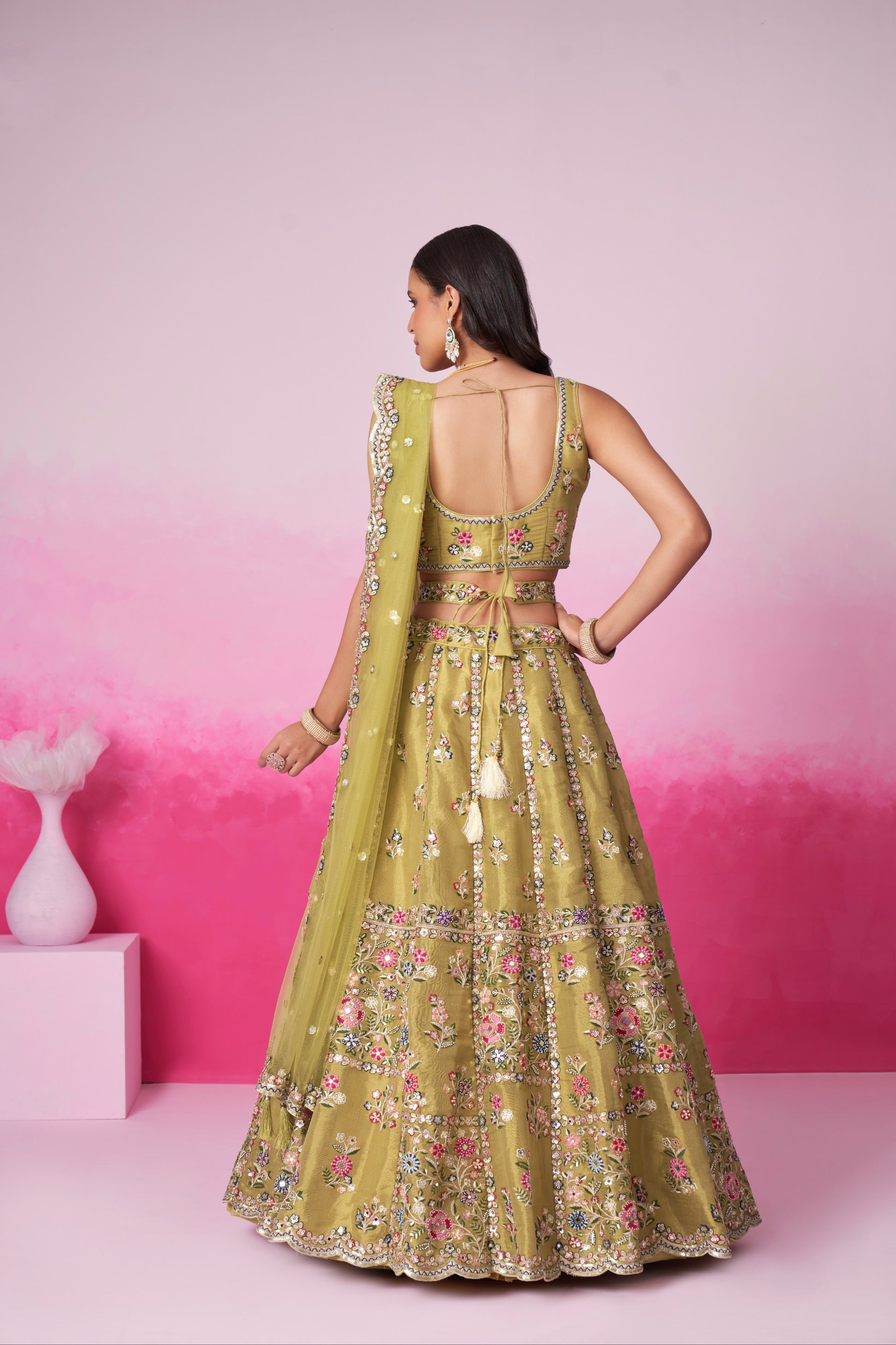 Mustard Bridal Net Lehenga with Mirror & Sequin Work