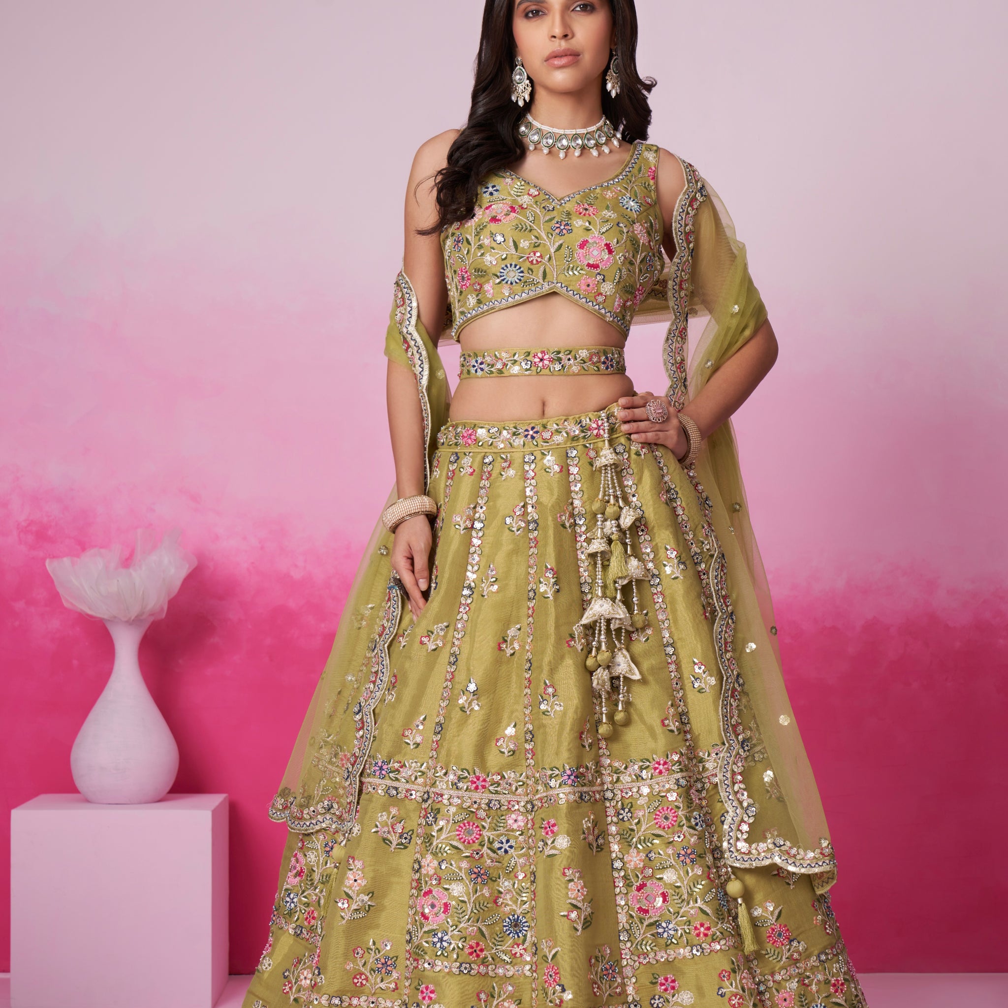 Mustard Bridal Net Lehenga with Mirror & Sequin Work