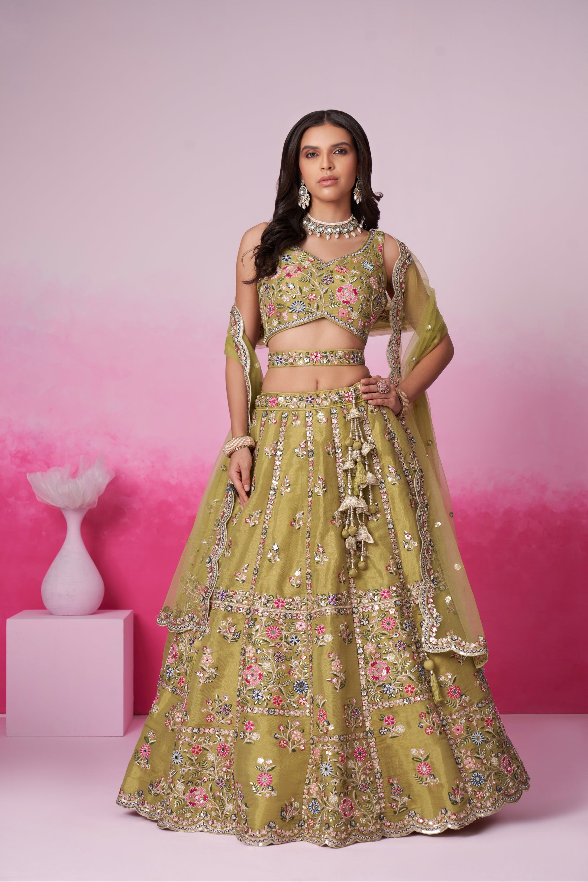 Mustard Bridal Net Lehenga with Mirror & Sequin Work