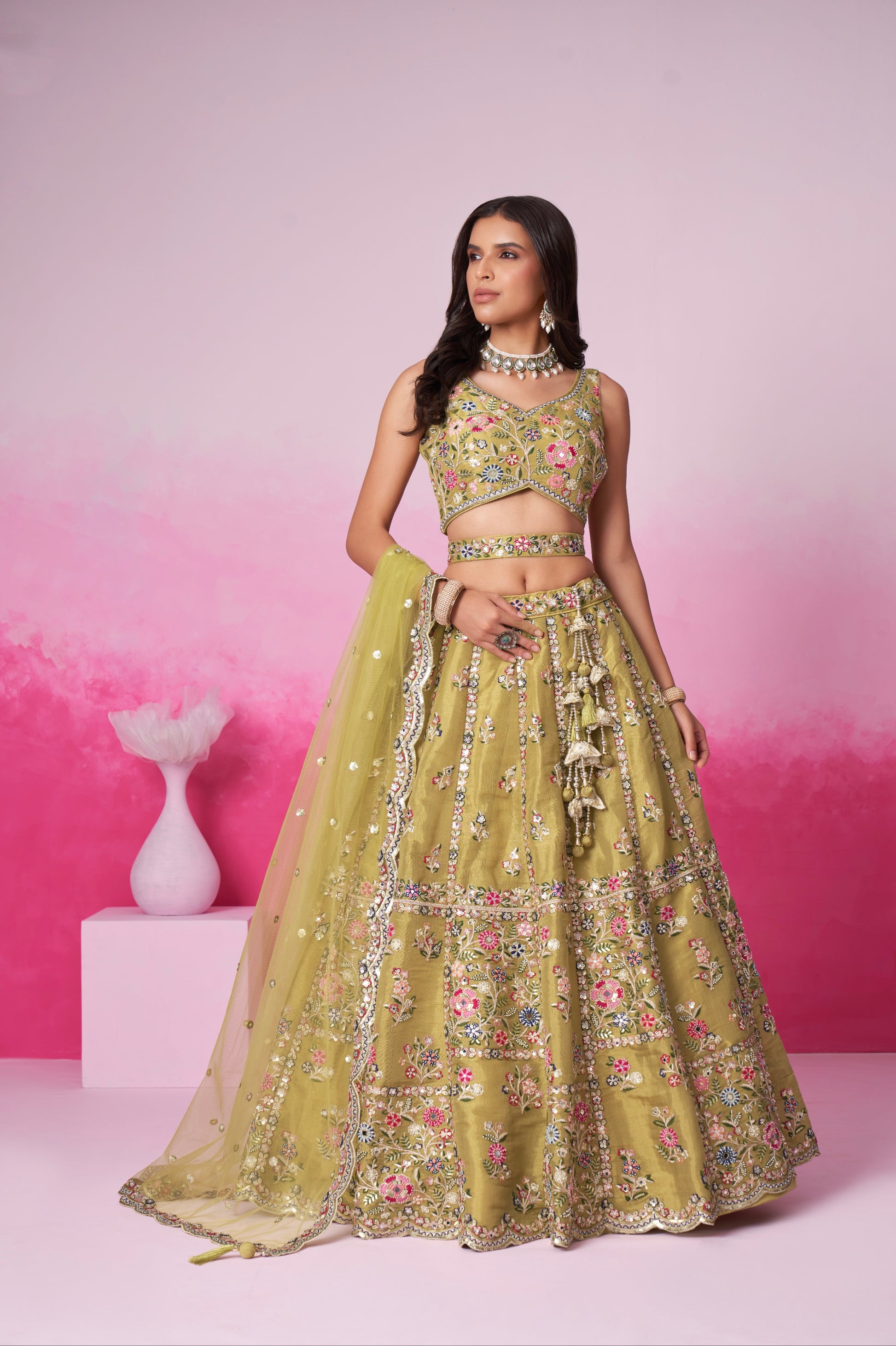 Mustard Bridal Net Lehenga with Mirror & Sequin Work