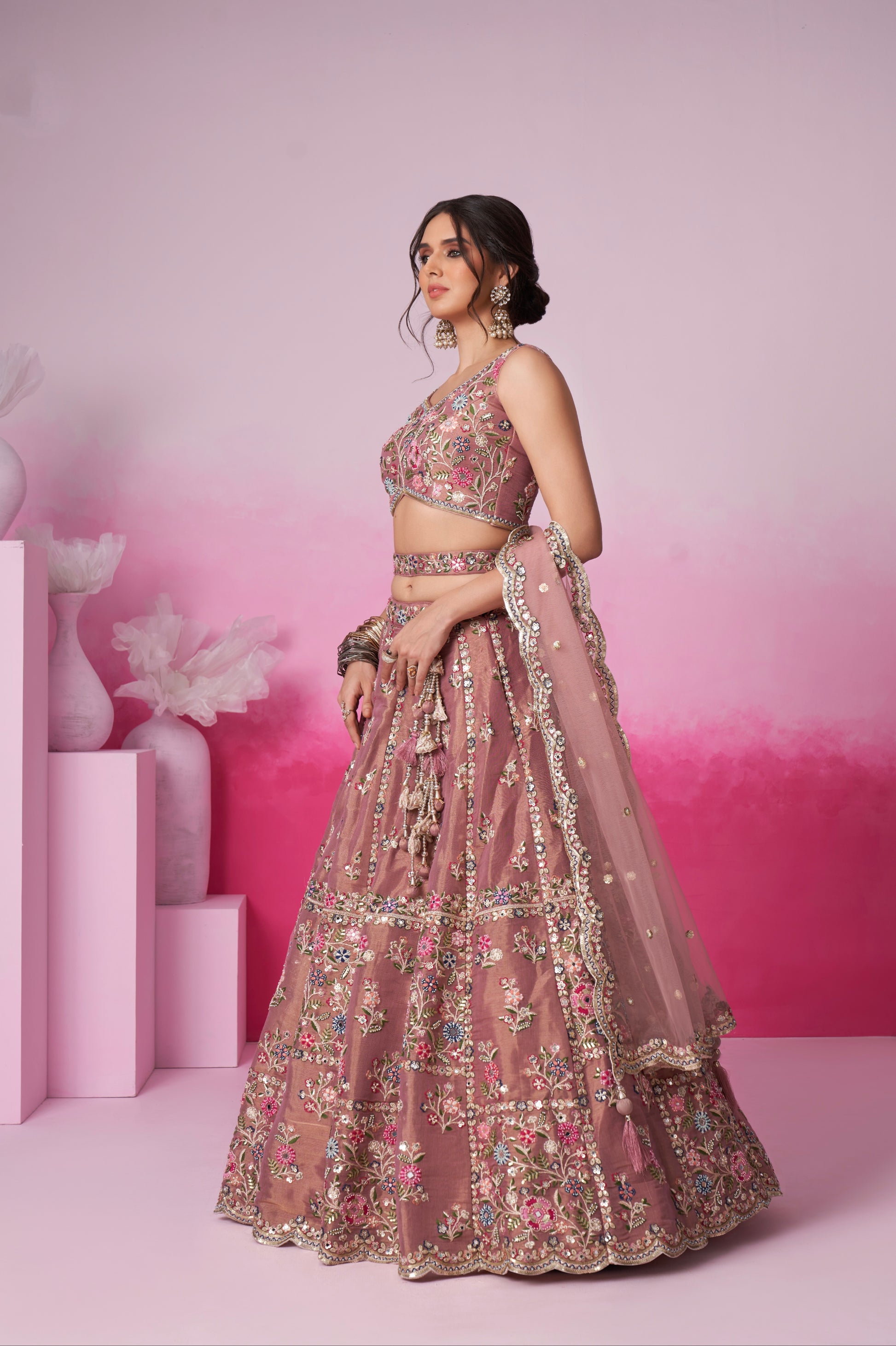 Rose Gold Bridal Net Lehenga Set with Heavy Moti, Mirror & Sequin Work