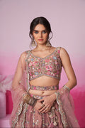 Rose Gold Bridal Net Lehenga Set with Heavy Moti, Mirror & Sequin Work