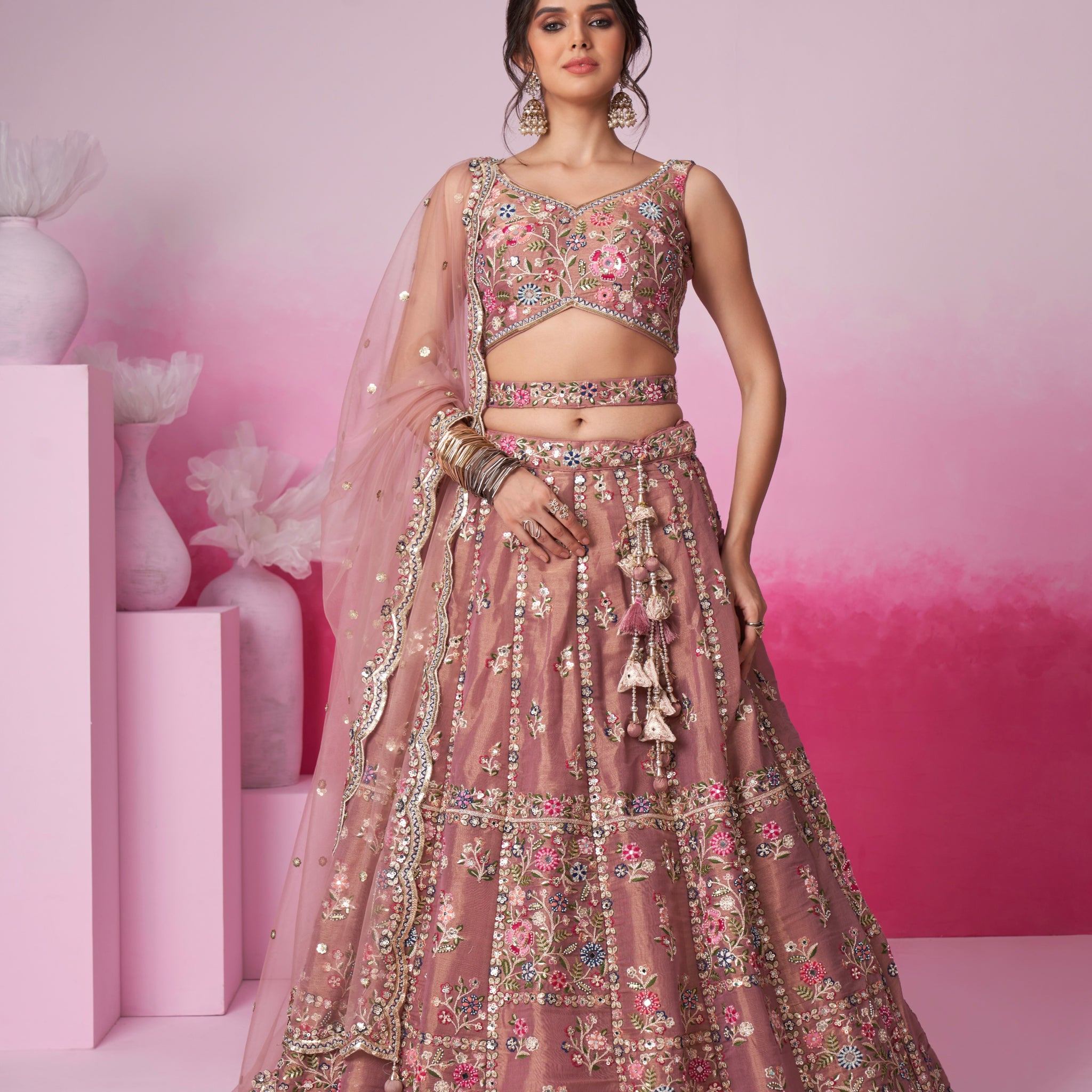 Rose Gold Bridal Net Lehenga Set with Heavy Moti, Mirror & Sequin Work