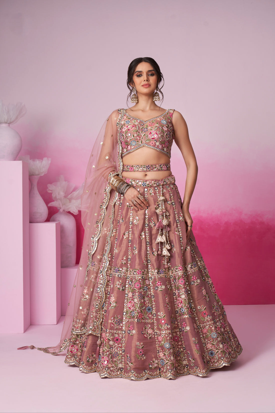 Rose Gold Bridal Net Lehenga Set with Heavy Moti, Mirror & Sequin Work