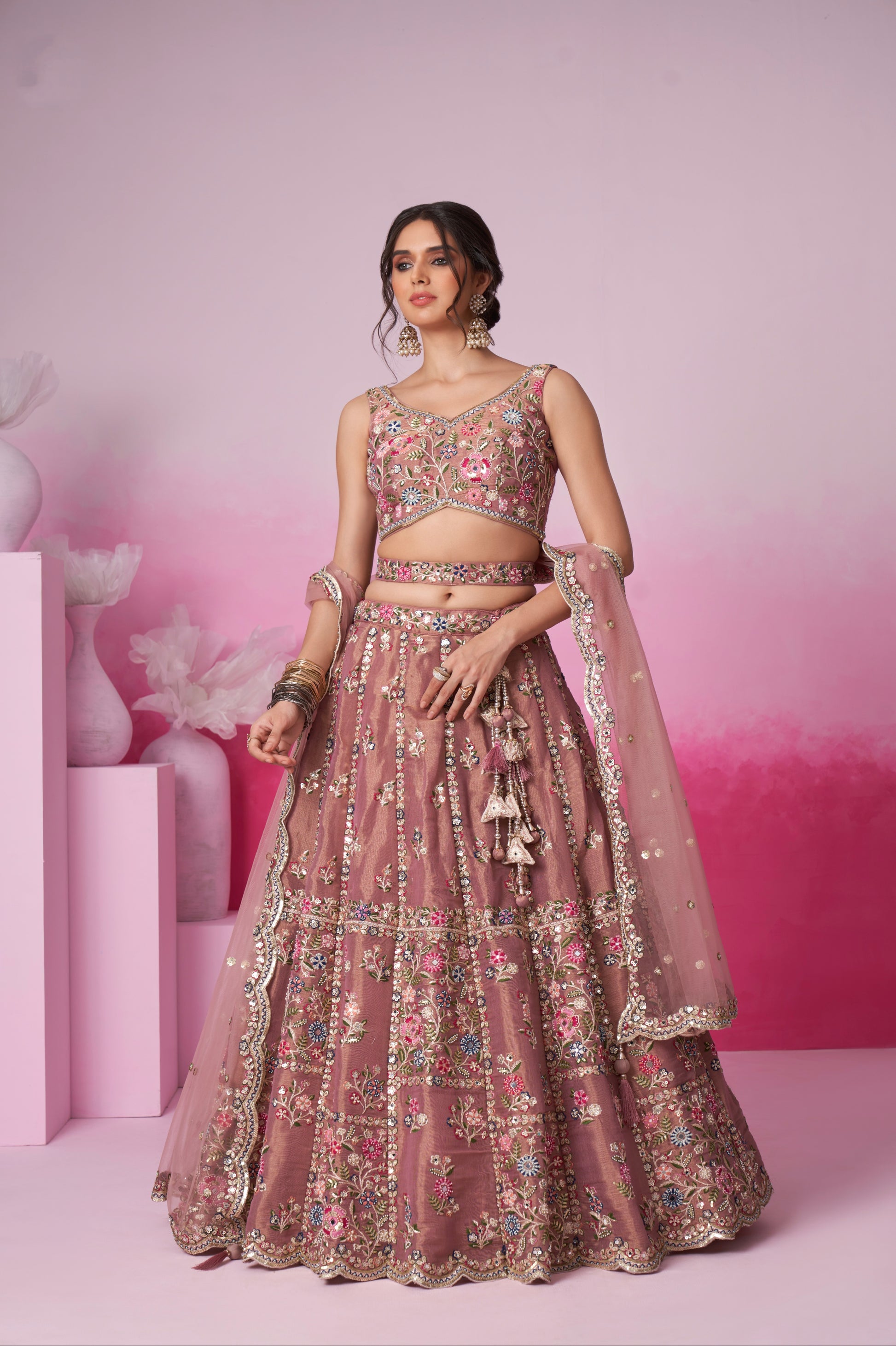 Rose Gold Bridal Net Lehenga Set with Heavy Moti, Mirror & Sequin Work