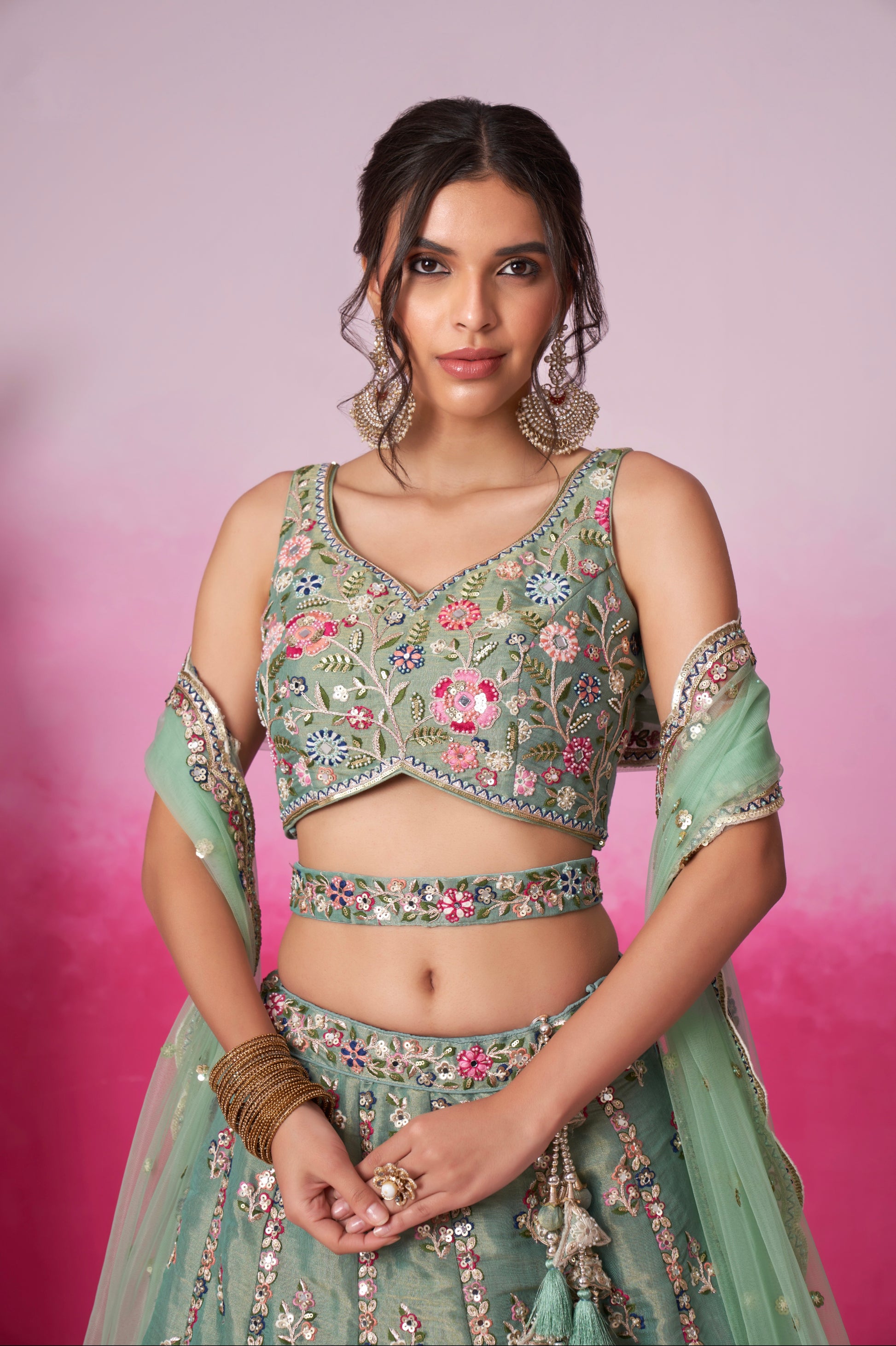 Sea Green Bridal Net Lehenga Set with Heavy Moti, Mirror & Sequin Work