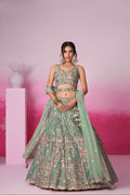 Sea Green Bridal Net Lehenga Set with Heavy Moti, Mirror & Sequin Work