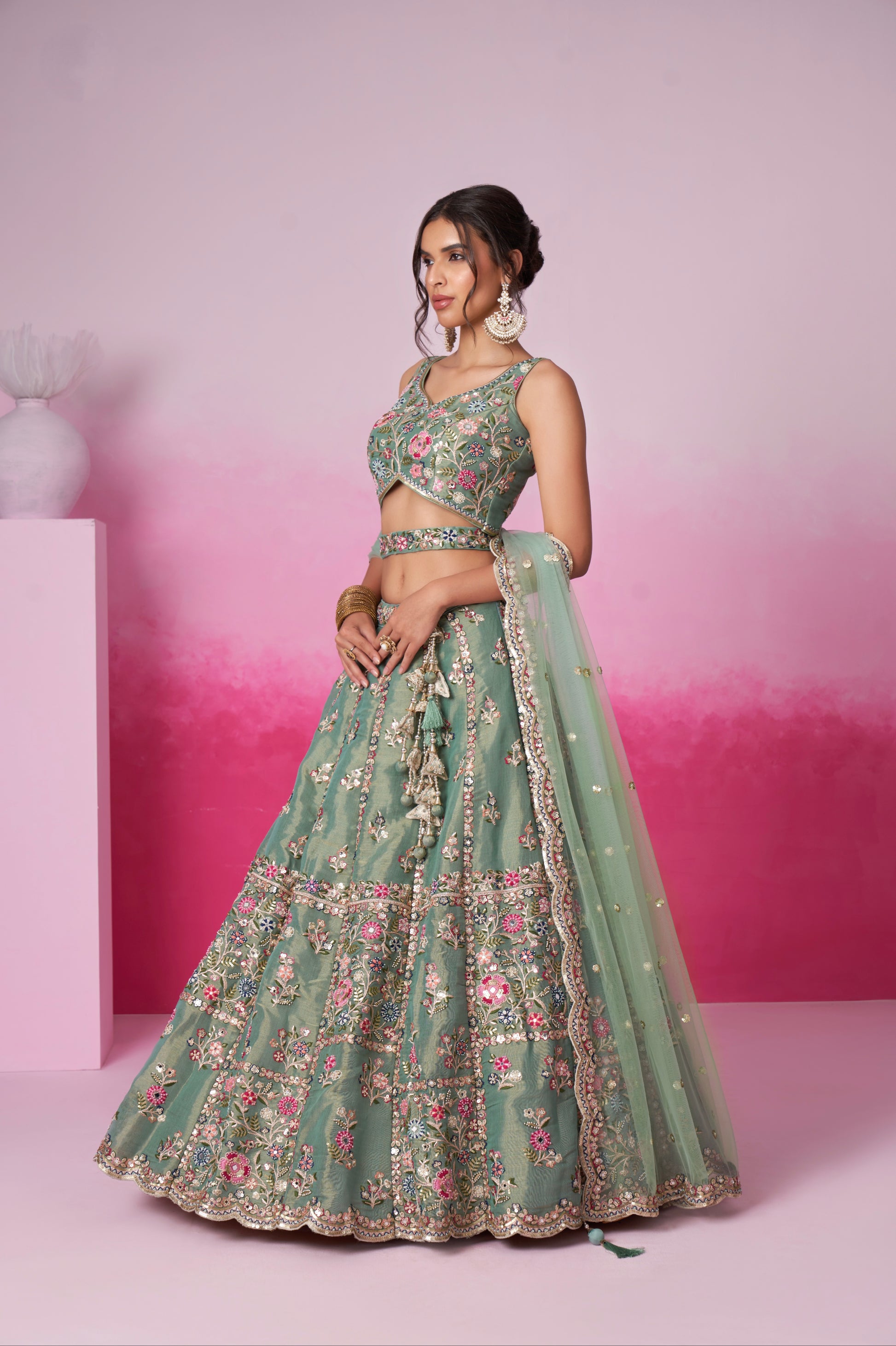 Sea Green Bridal Net Lehenga Set with Heavy Moti, Mirror & Sequin Work