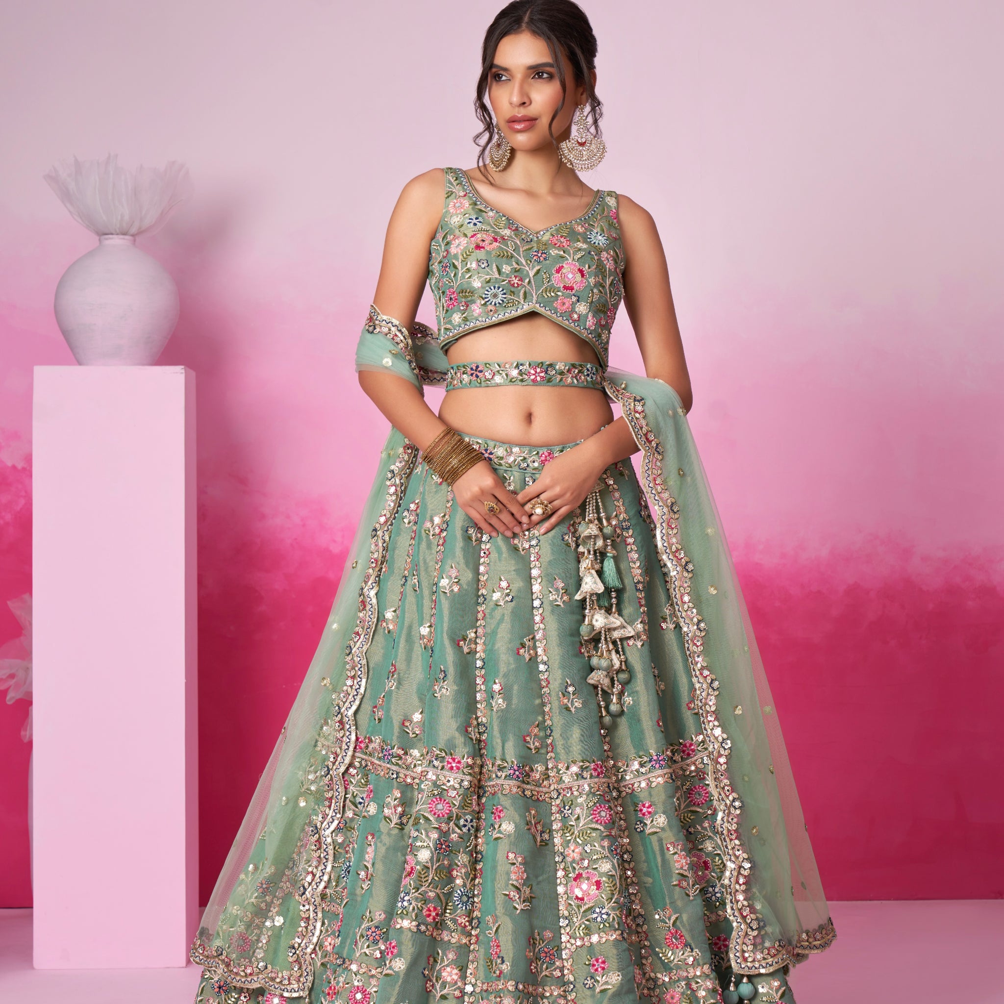 Sea Green Bridal Net Lehenga Set with Heavy Moti, Mirror & Sequin Work