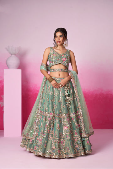 Sea Green Bridal Net Lehenga Set with Heavy Moti, Mirror & Sequin Work