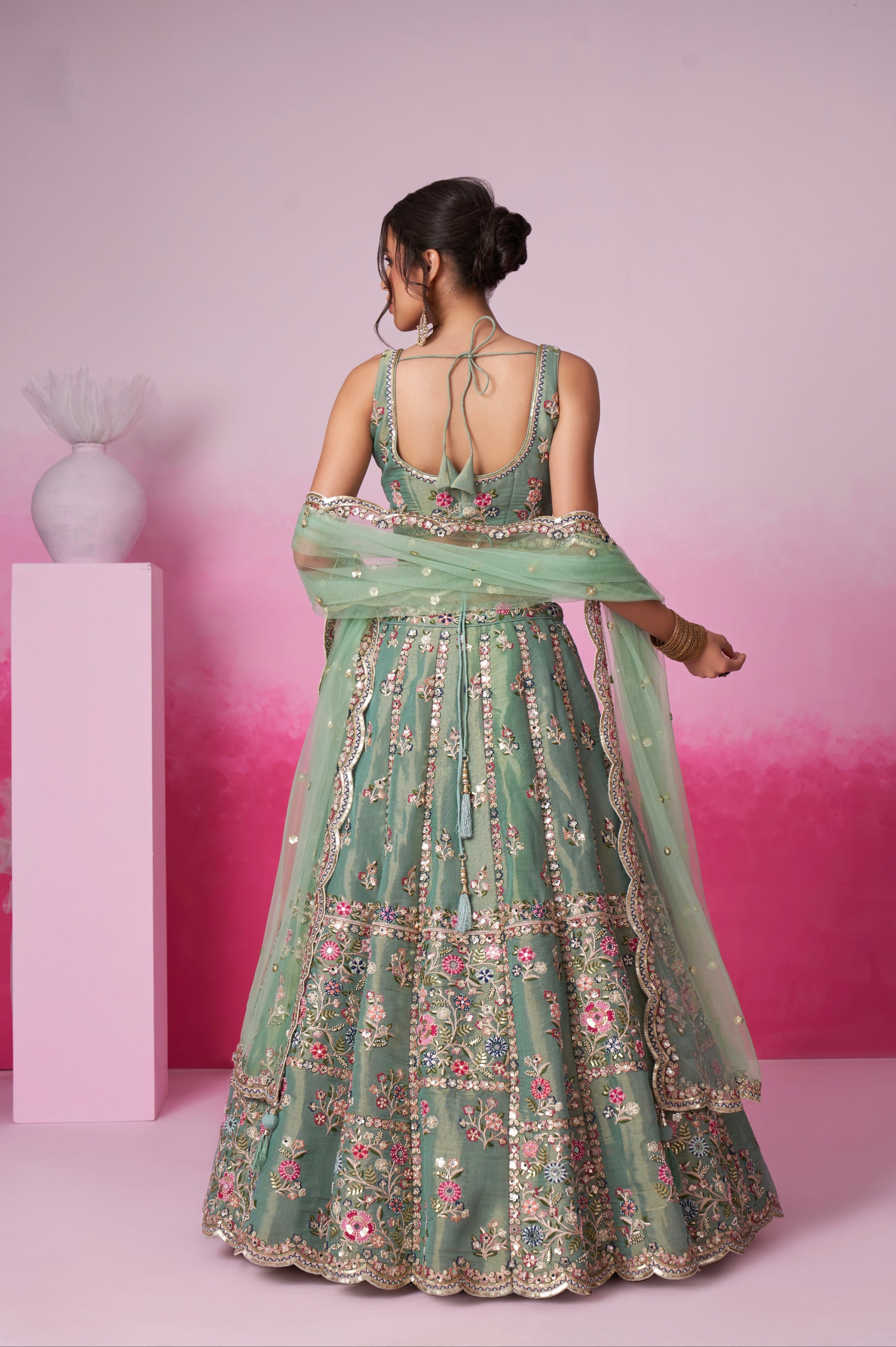 Sea Green Bridal Net Lehenga Set with Heavy Moti, Mirror & Sequin Work