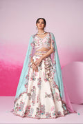 Cream Silk Bridal Lehenga Set with Mirror & Multicolor Organza Dupatta