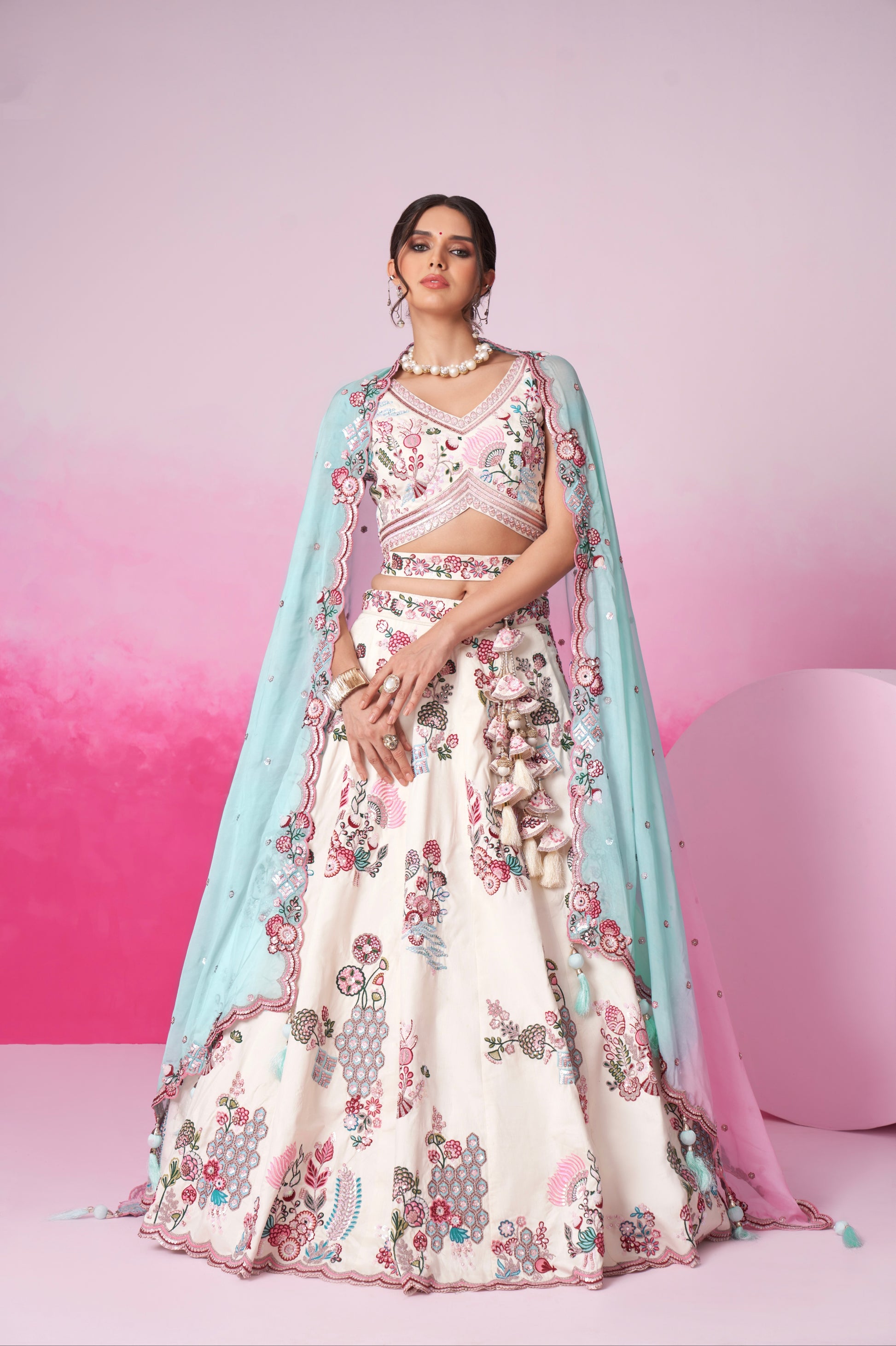 Cream Silk Bridal Lehenga Set with Mirror & Multicolor Organza Dupatta