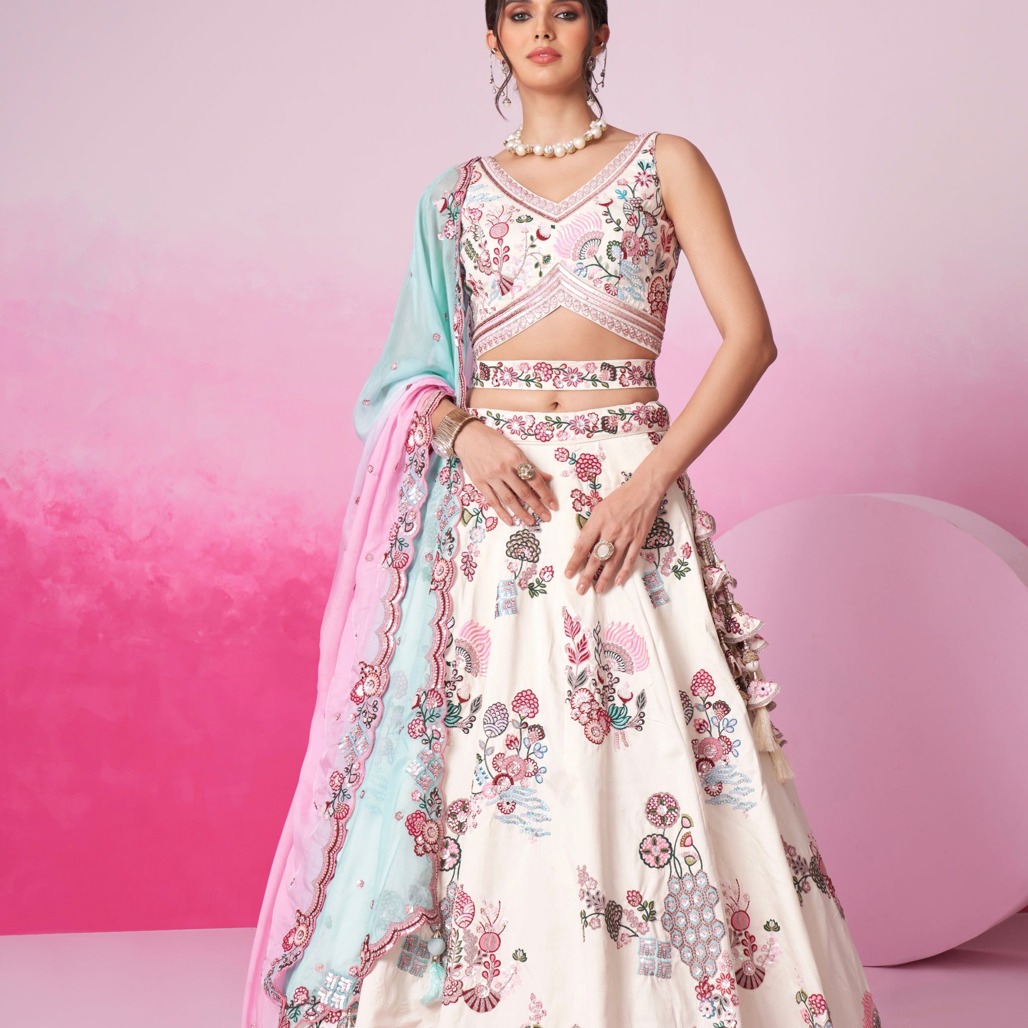 Cream Silk Bridal Lehenga Set with Mirror & Multicolor Organza Dupatta