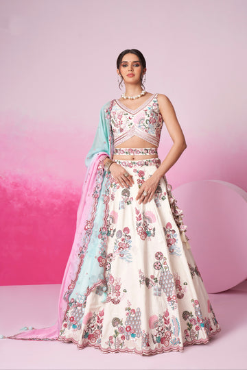 Cream Silk Bridal Lehenga Set with Mirror & Multicolor Organza Dupatta