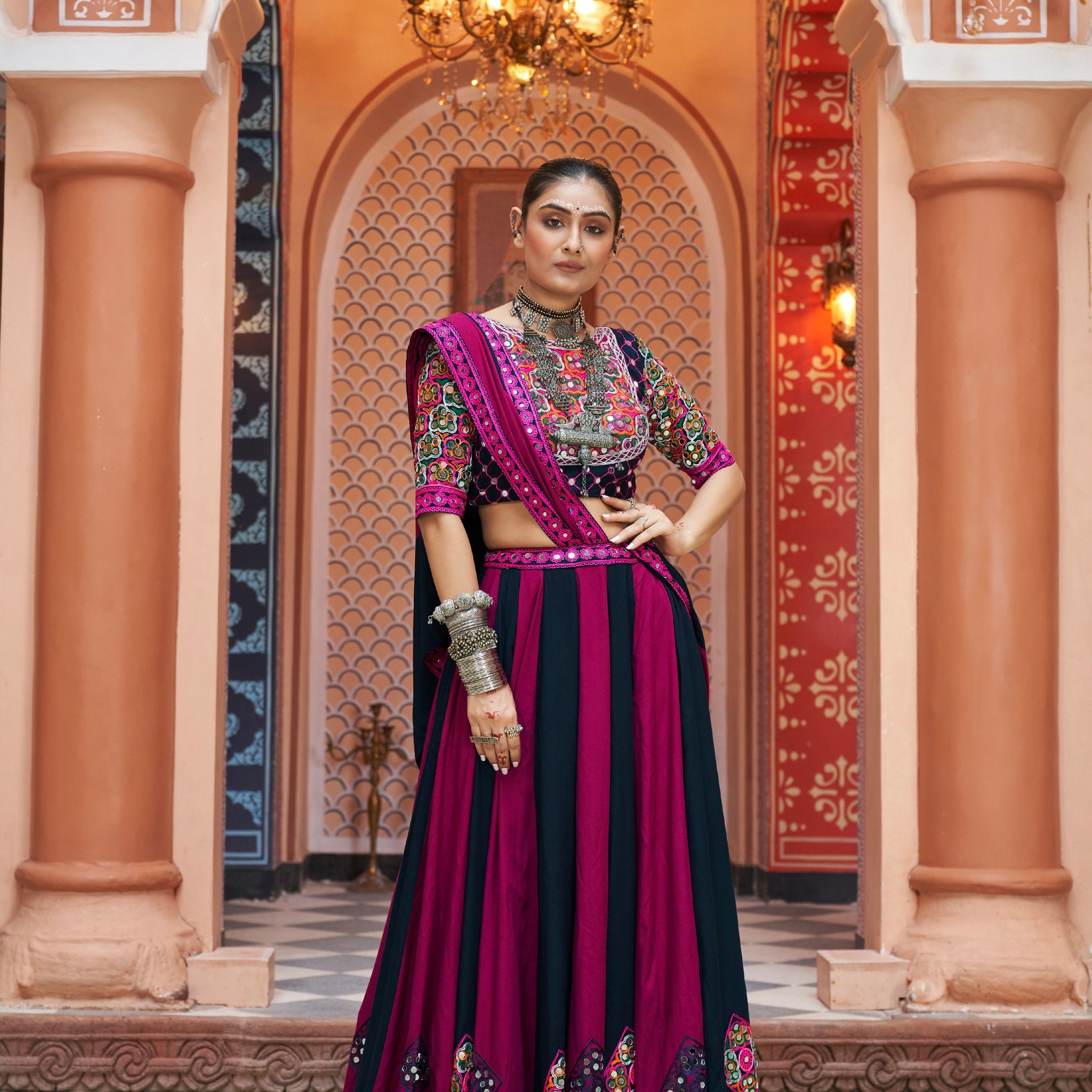 Deep Purple and Pink Embroidered Chaniya Choli with Mirror Work