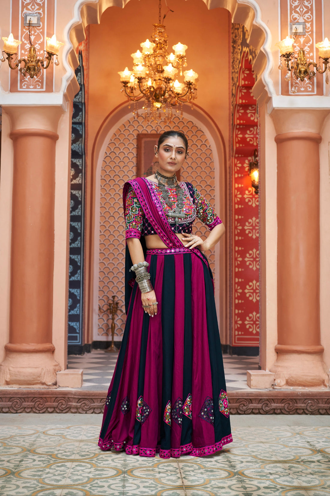 Deep Purple and Pink Embroidered Chaniya Choli with Mirror Work