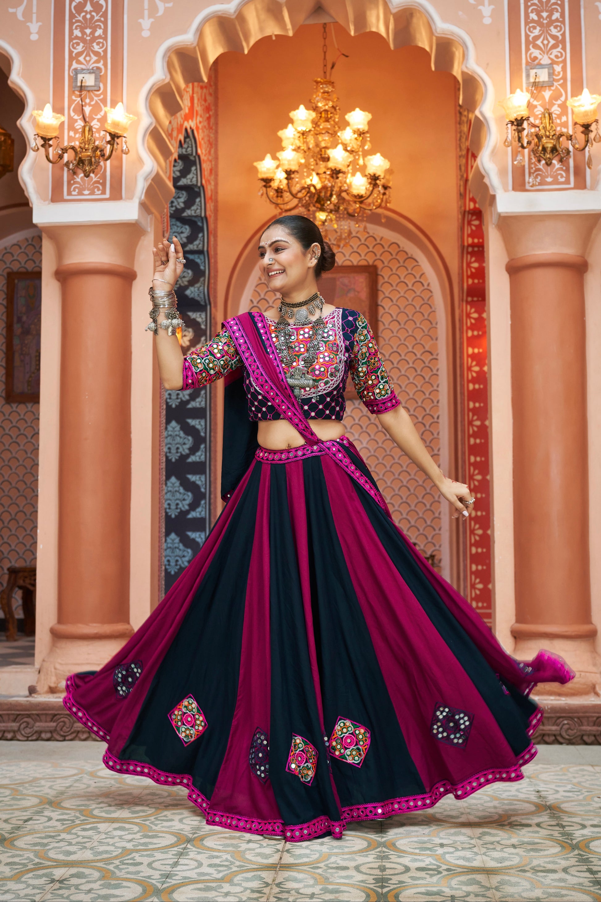 Deep Purple and Pink Embroidered Chaniya Choli with Mirror Work