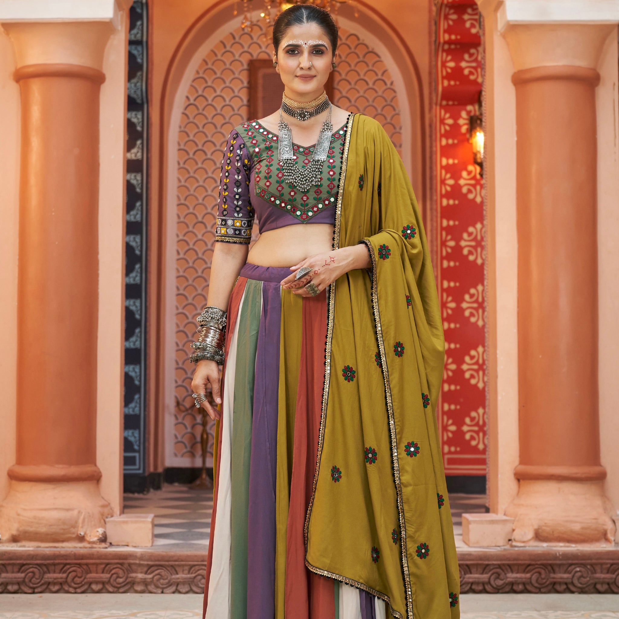 Multicolor Olive Green and Yellow Mirror Work Chaniya Choli