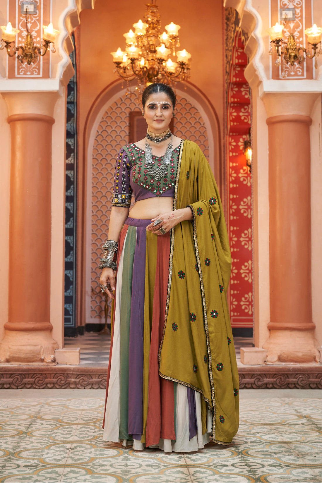 Multicolor Olive Green and Yellow Mirror Work Chaniya Choli