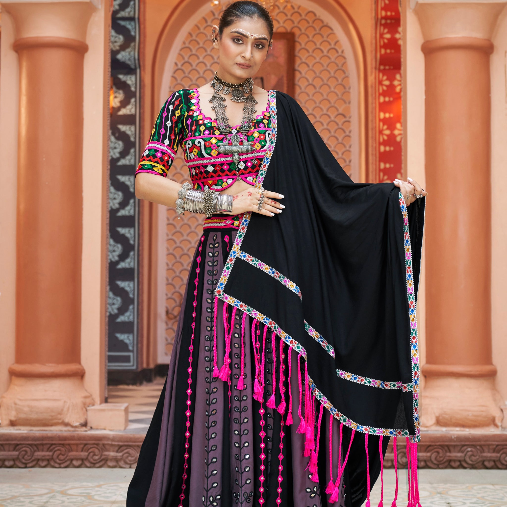 Grey and Black Embroidered Chaniya Choli with Mirror Work