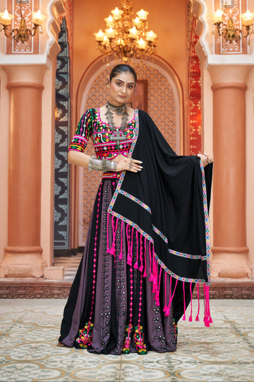 Grey and Black Embroidered Chaniya Choli with Mirror Work