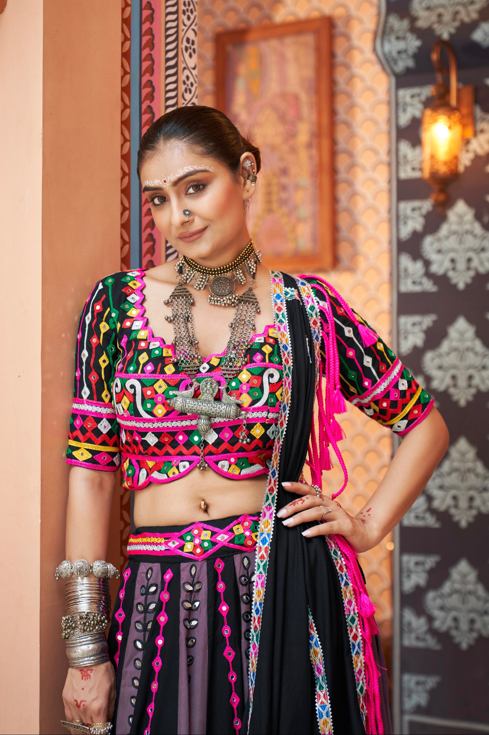 Grey and Black Embroidered Chaniya Choli with Mirror Work