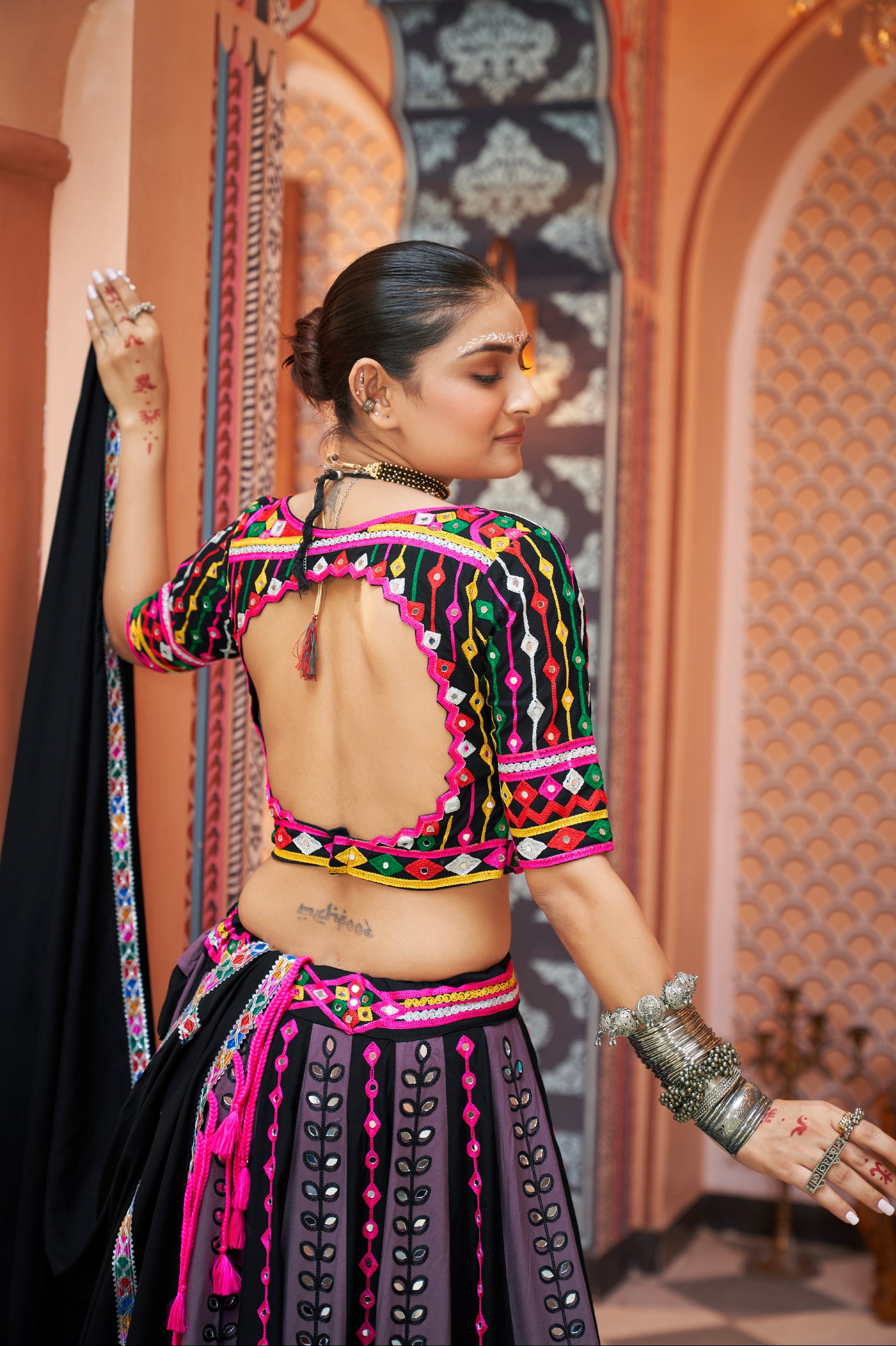 Grey and Black Embroidered Chaniya Choli with Mirror Work