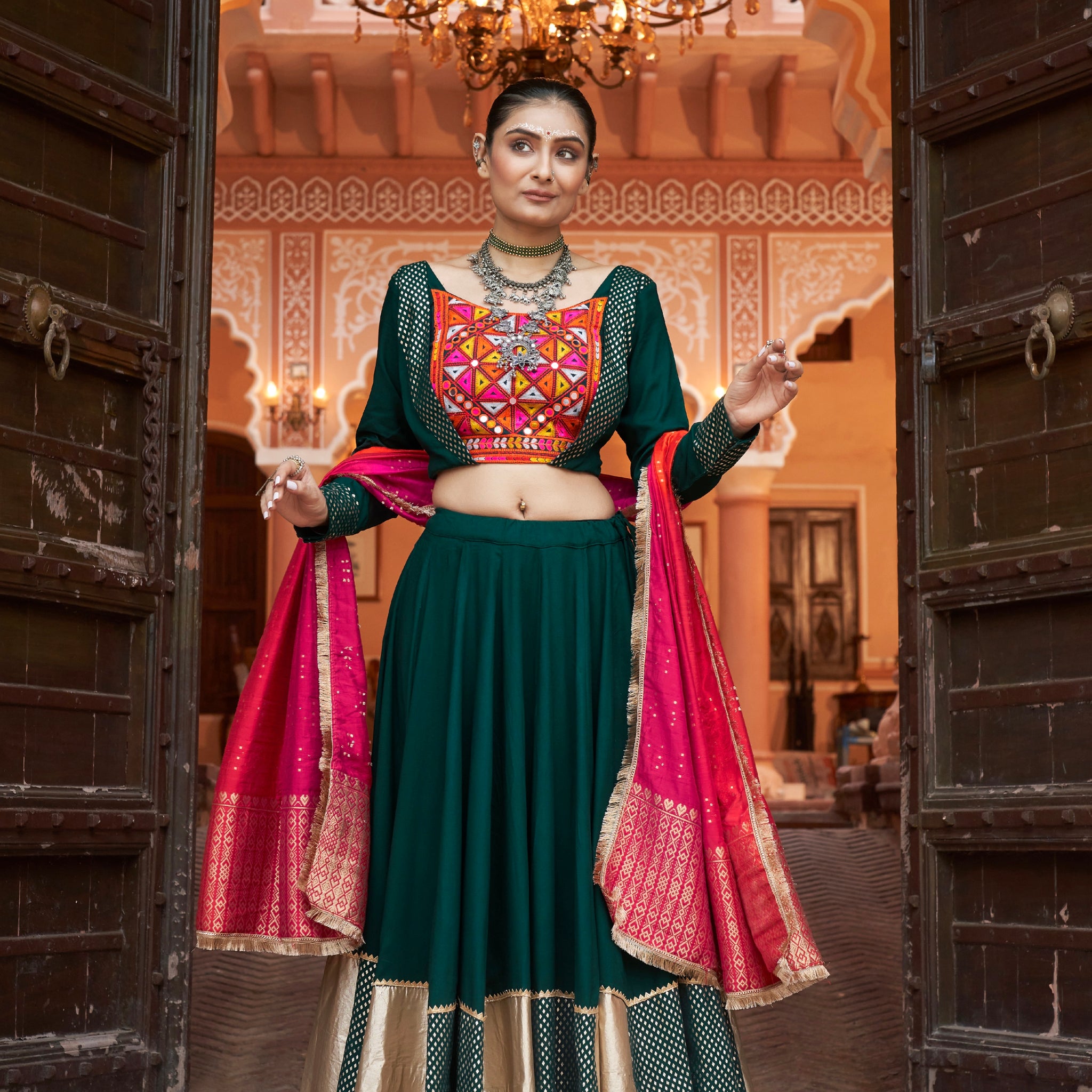 Forest Green & Red Embroidered Viscose Rayon Chaniya Choli