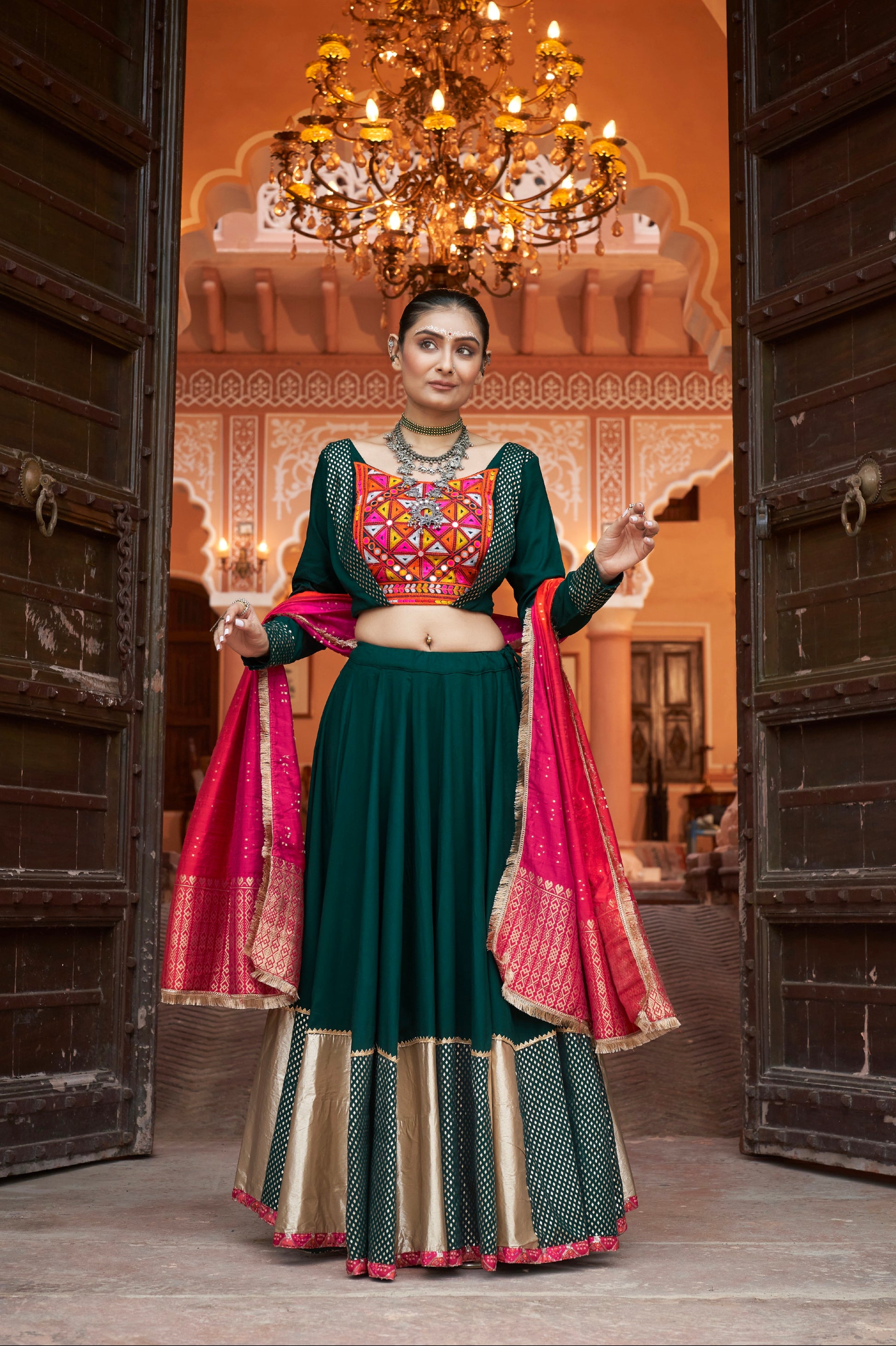 Forest Green & Red Embroidered Viscose Rayon Chaniya Choli