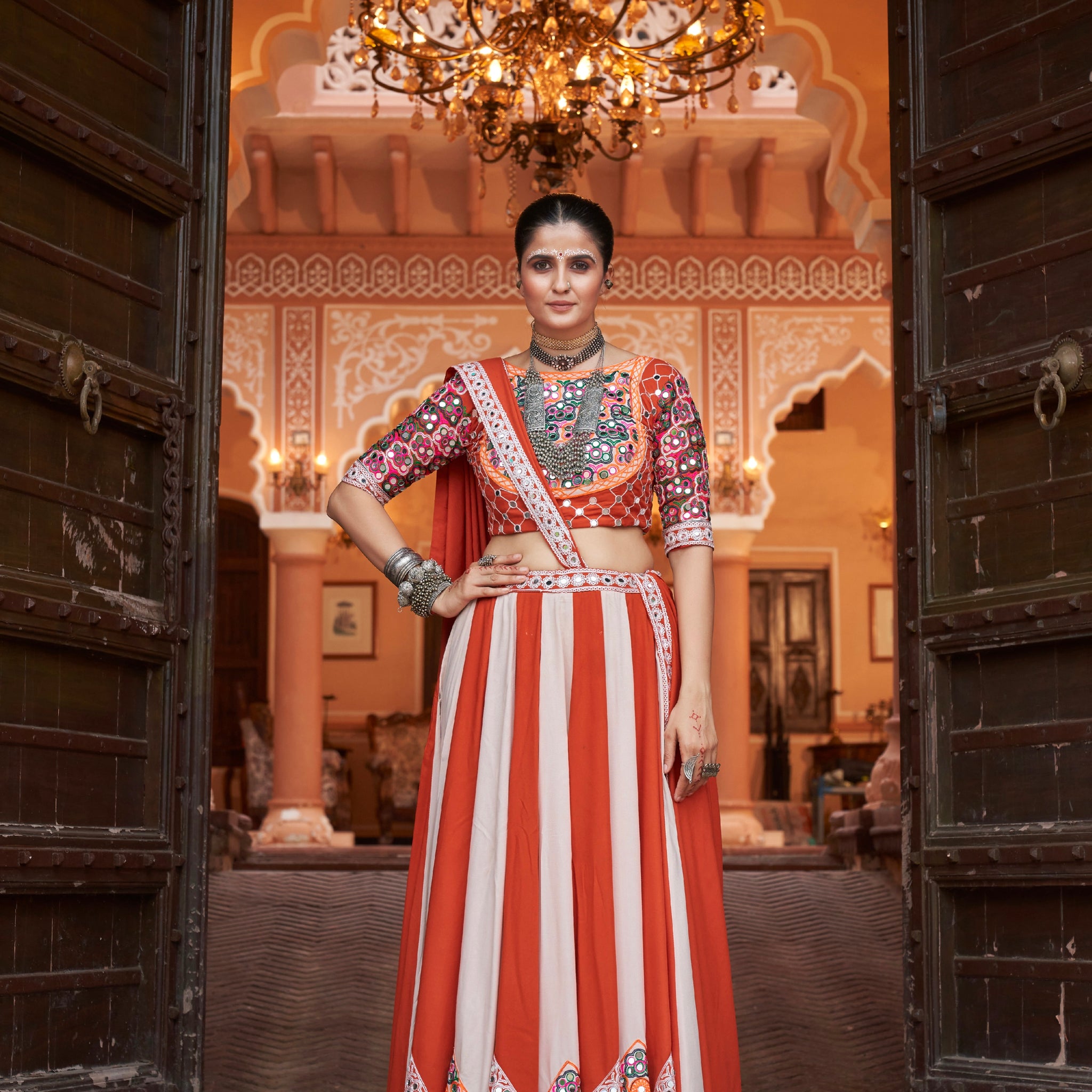 Orange & White Embroidered Viscose Rayon Chaniya Choli