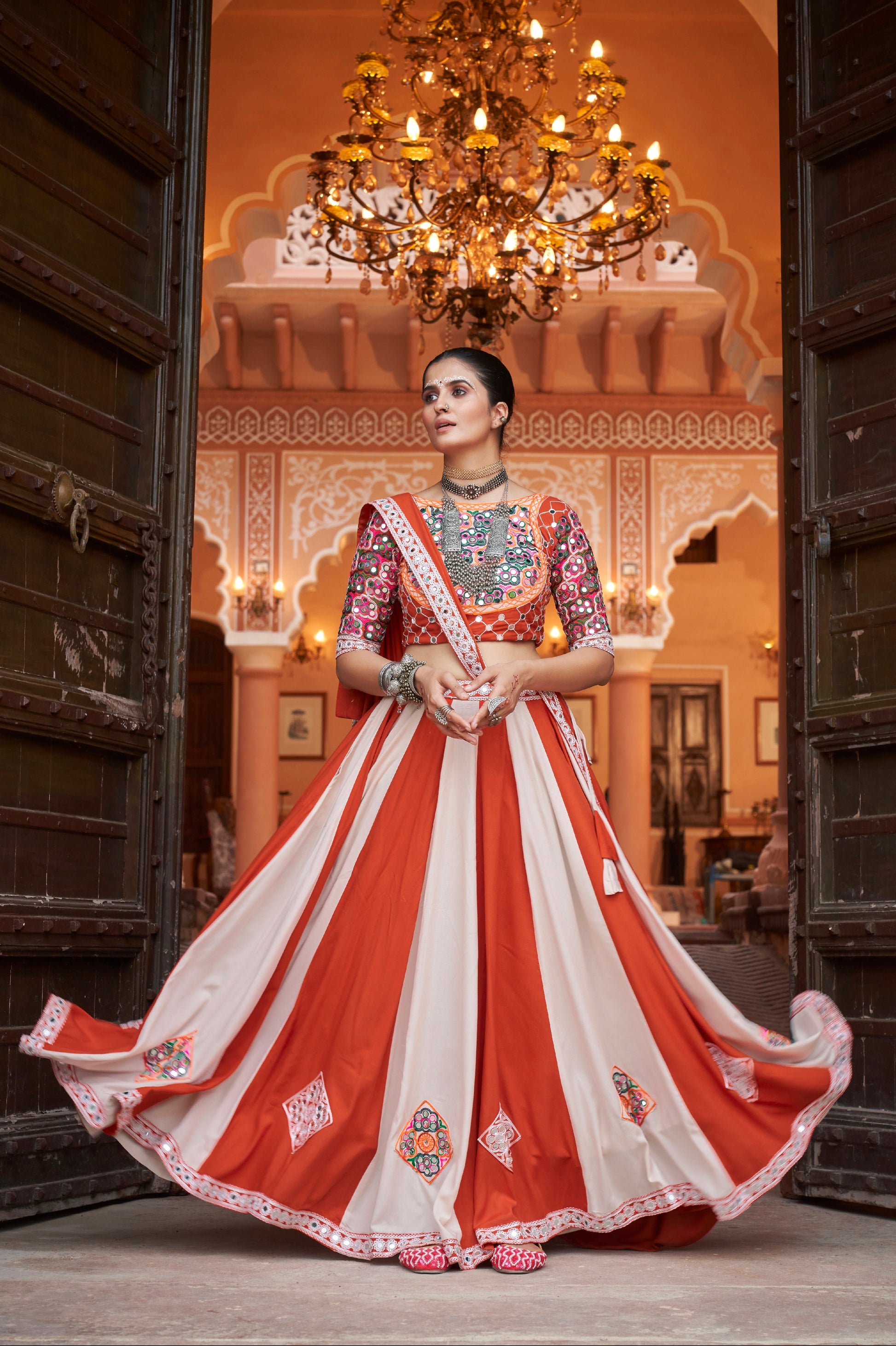 Orange & White Embroidered Viscose Rayon Chaniya Choli