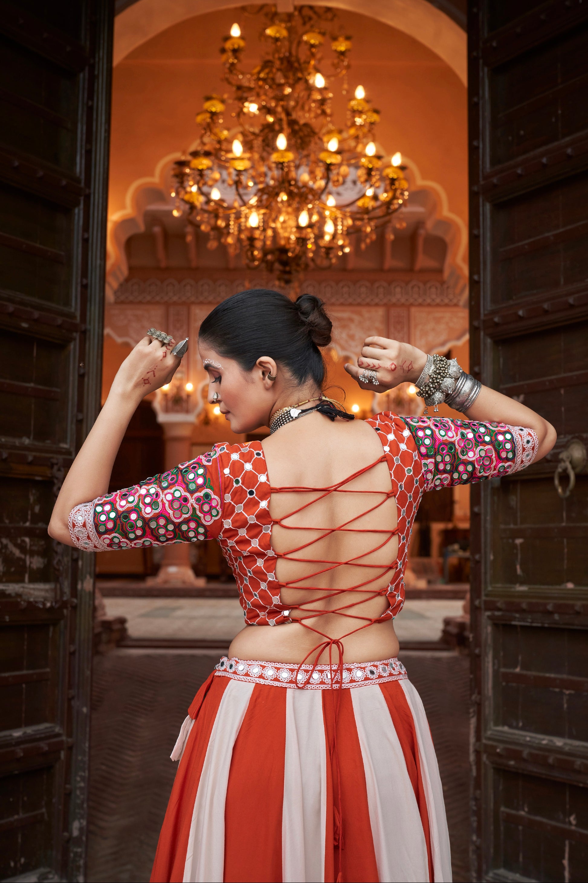 Orange & White Embroidered Viscose Rayon Chaniya Choli