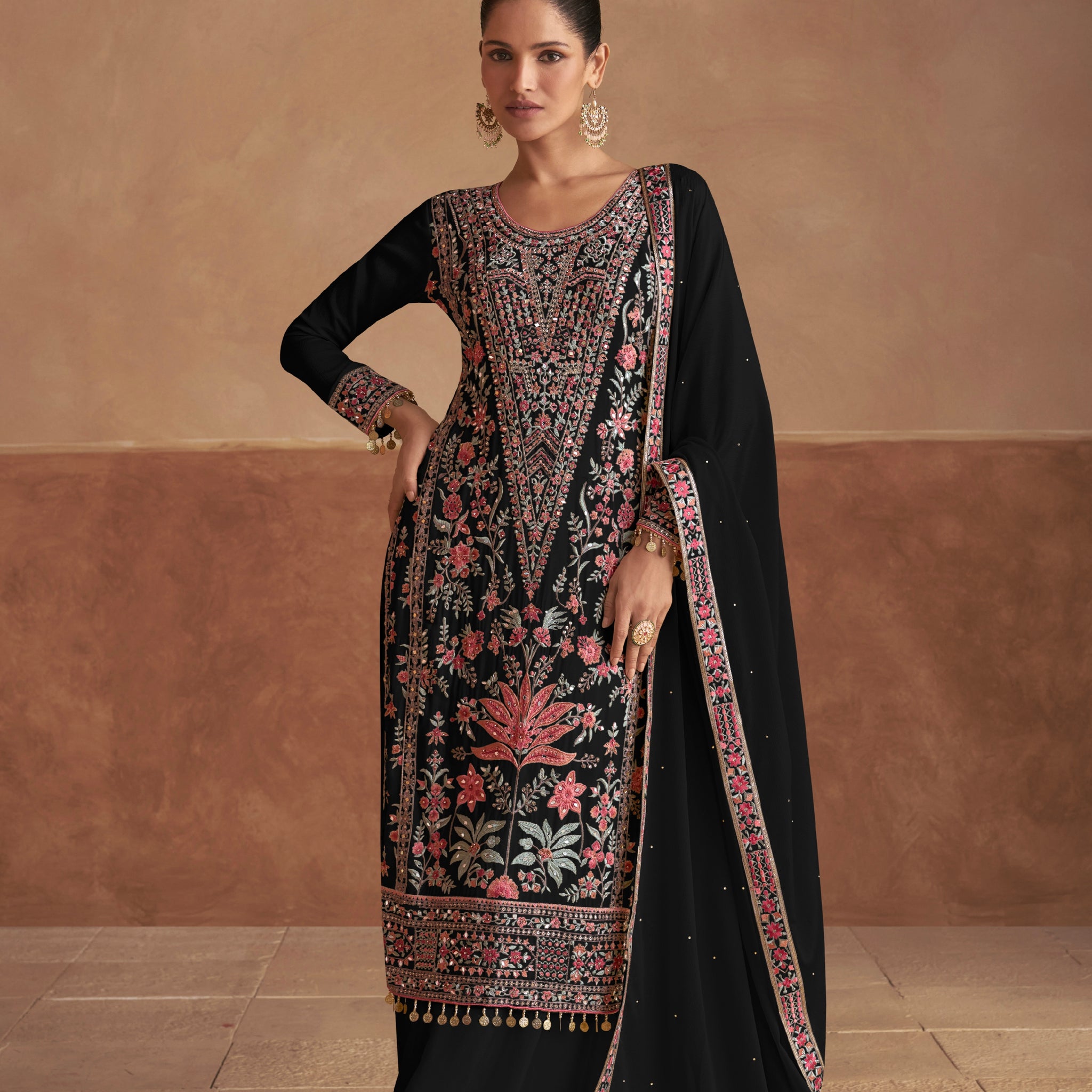 Black Chinon Embroidered Straight Suit with Dupatta