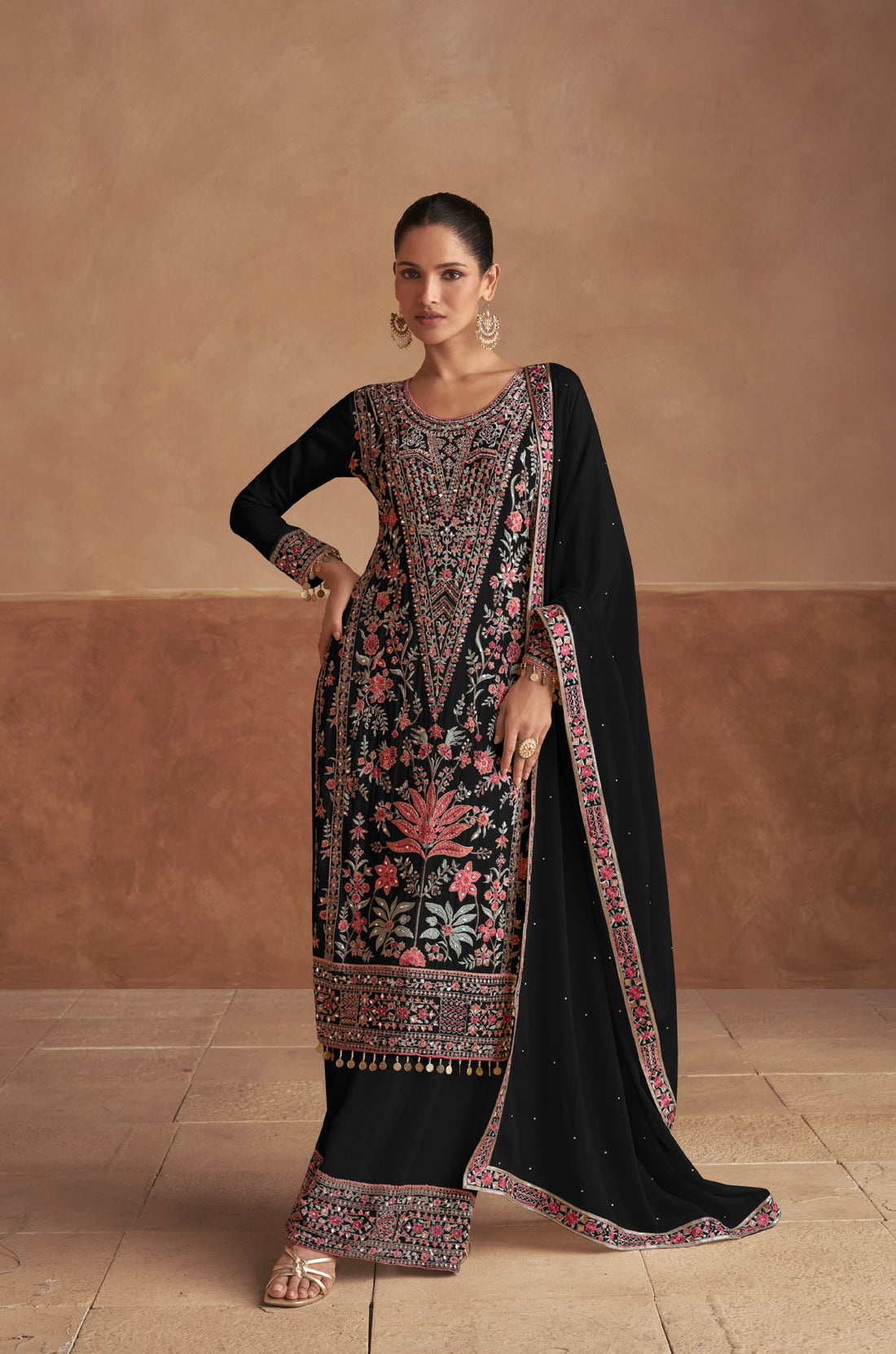 Black Chinon Embroidered Straight Suit with Dupatta