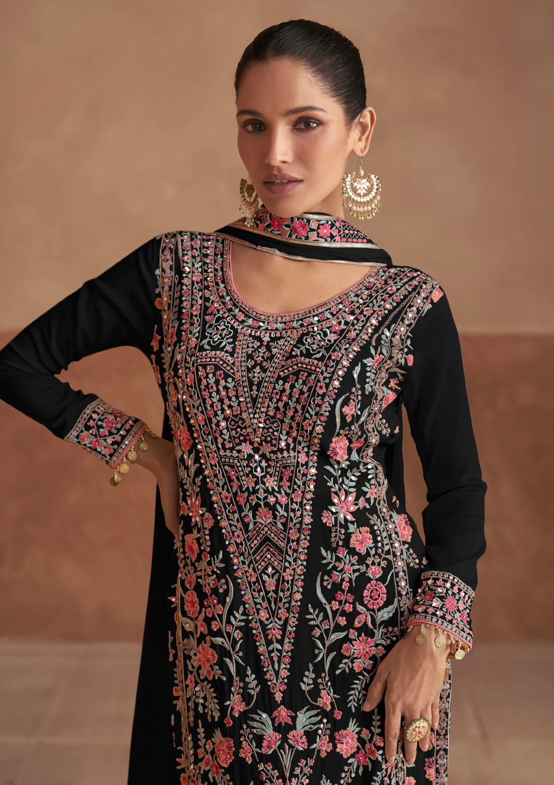 Black Chinon Embroidered Straight Suit with Dupatta