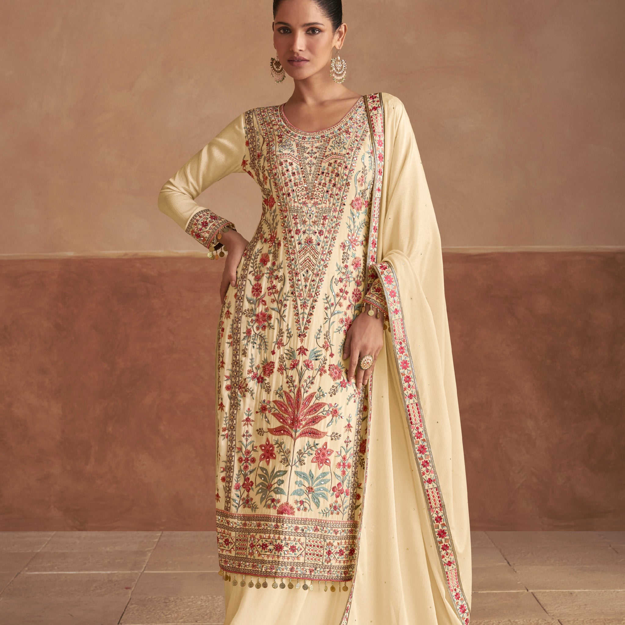 Cream Chinon Embroidered Straight Suit with Dupatta